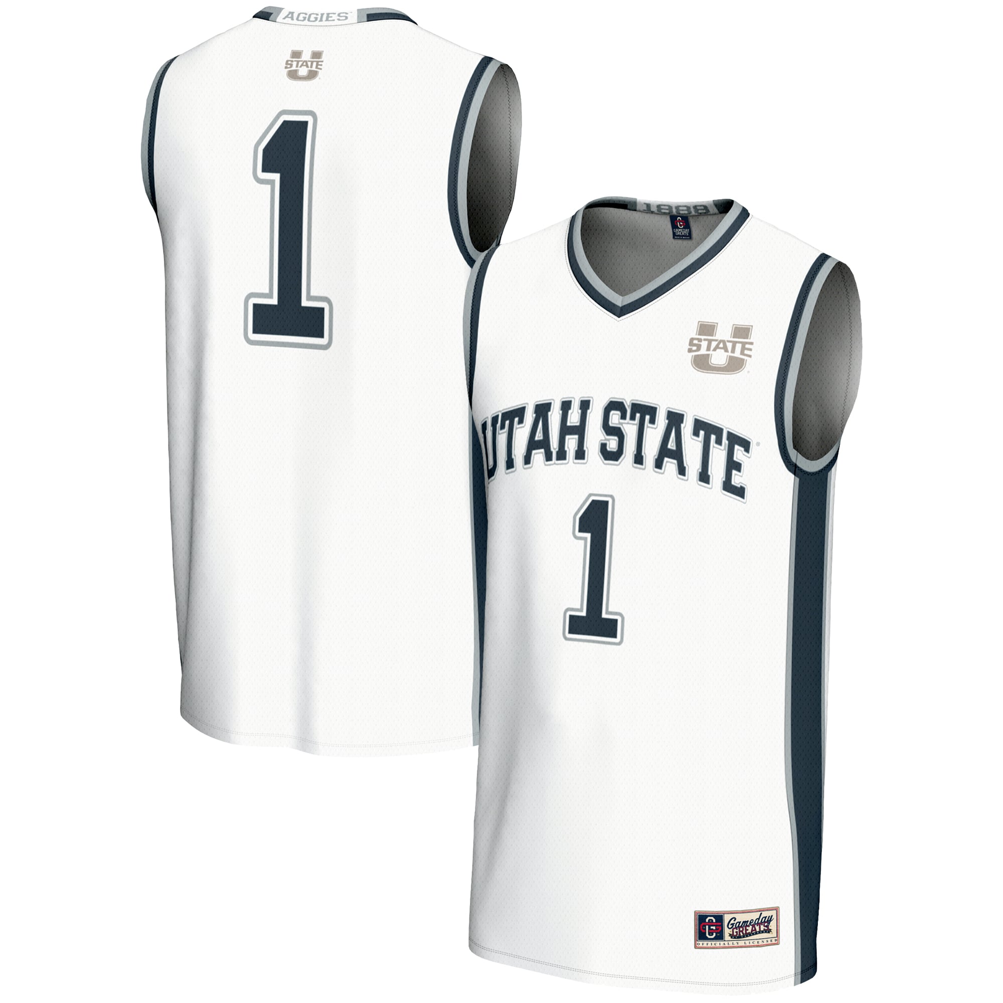 #1 Utah State Aggies Youth Lightweight Basketball Jersey White - front and back view