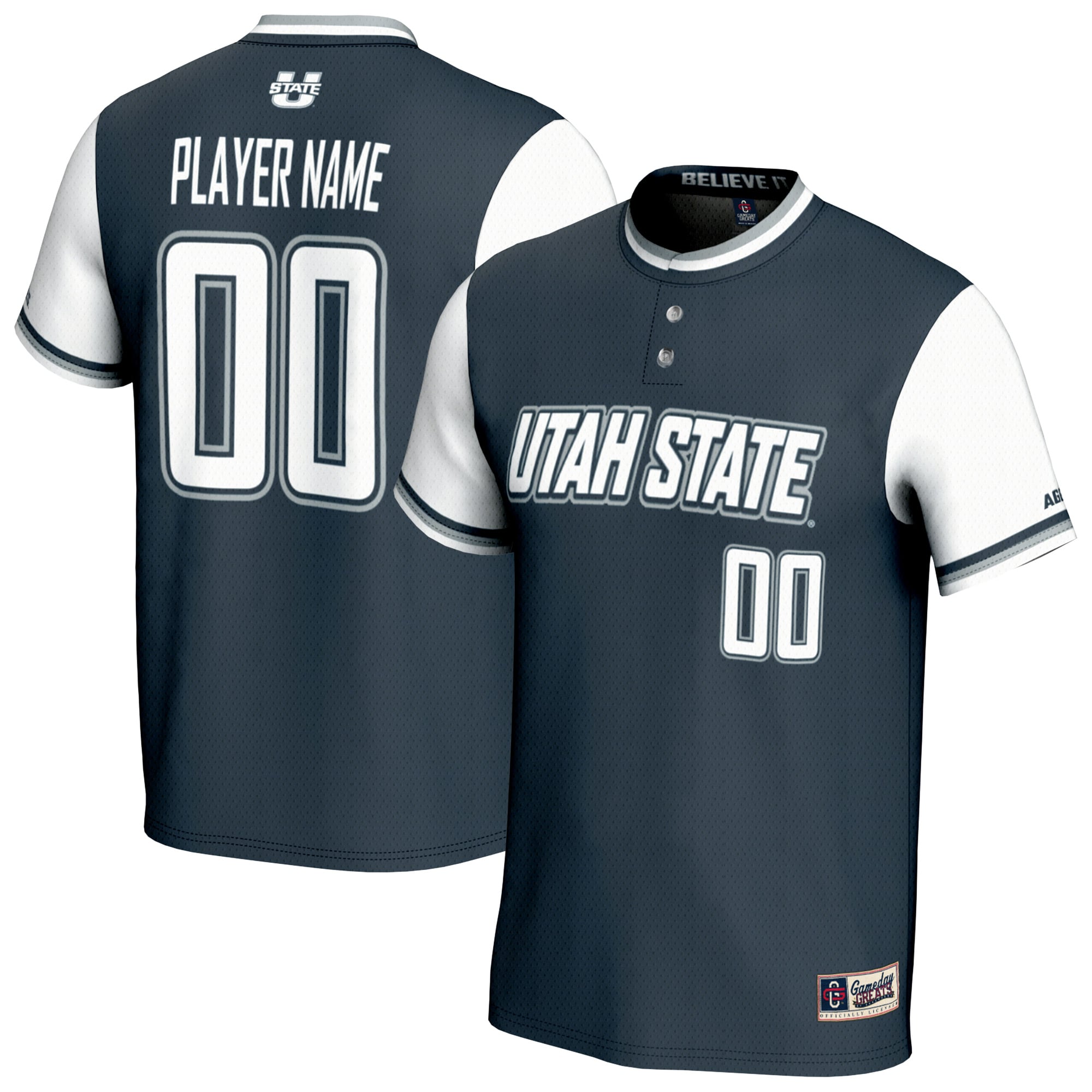 Utah State Aggies Youth Lightweight Softball Fashion Jersey Navy - front and back view