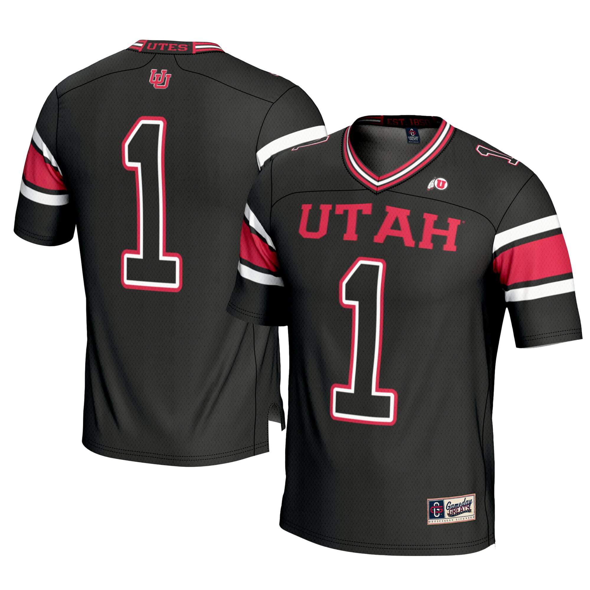 #1 Utah Utes Youth Football Jersey Black - front and back view