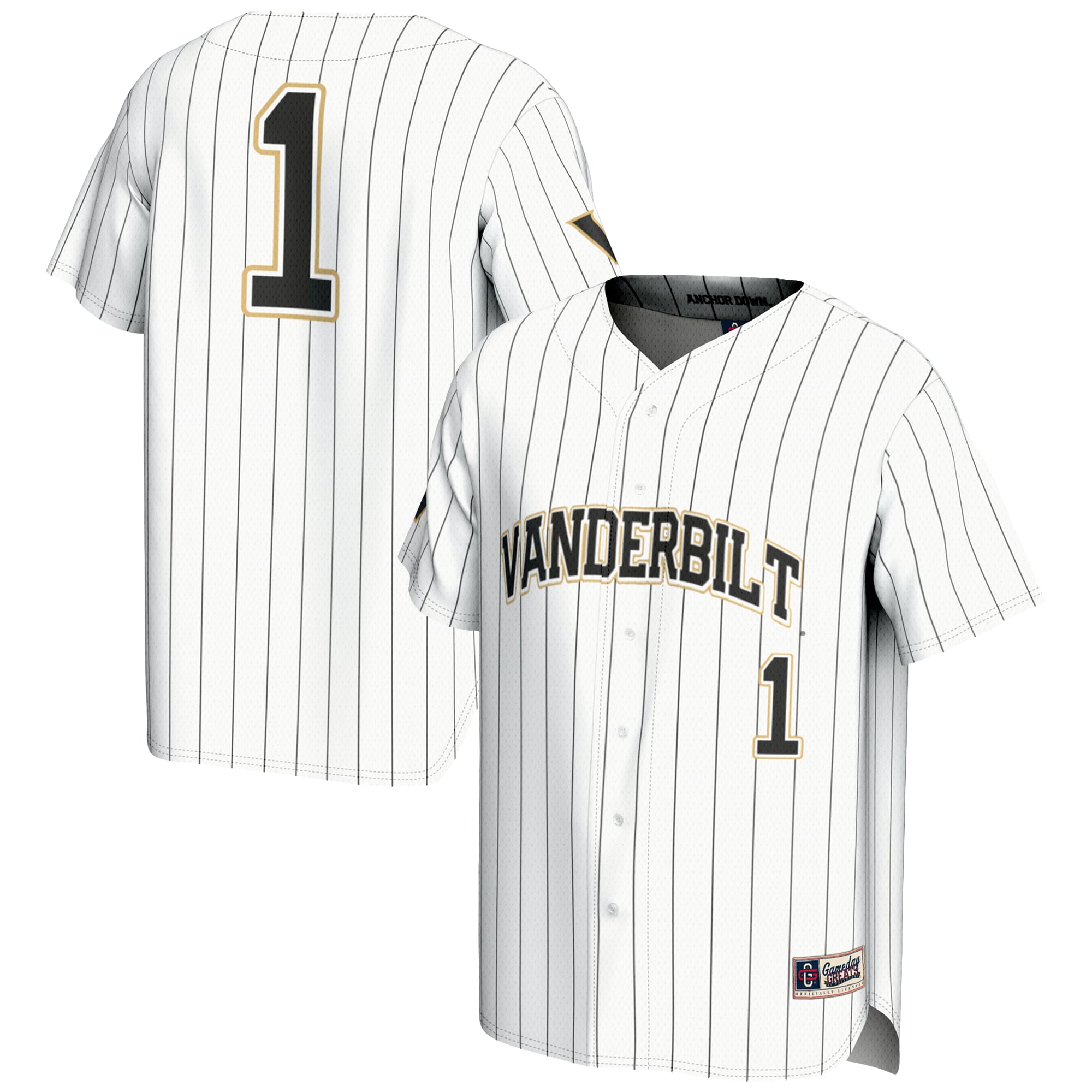 #1 Vanderbilt Commodores Lightweight Baseball Jersey White - front and back view