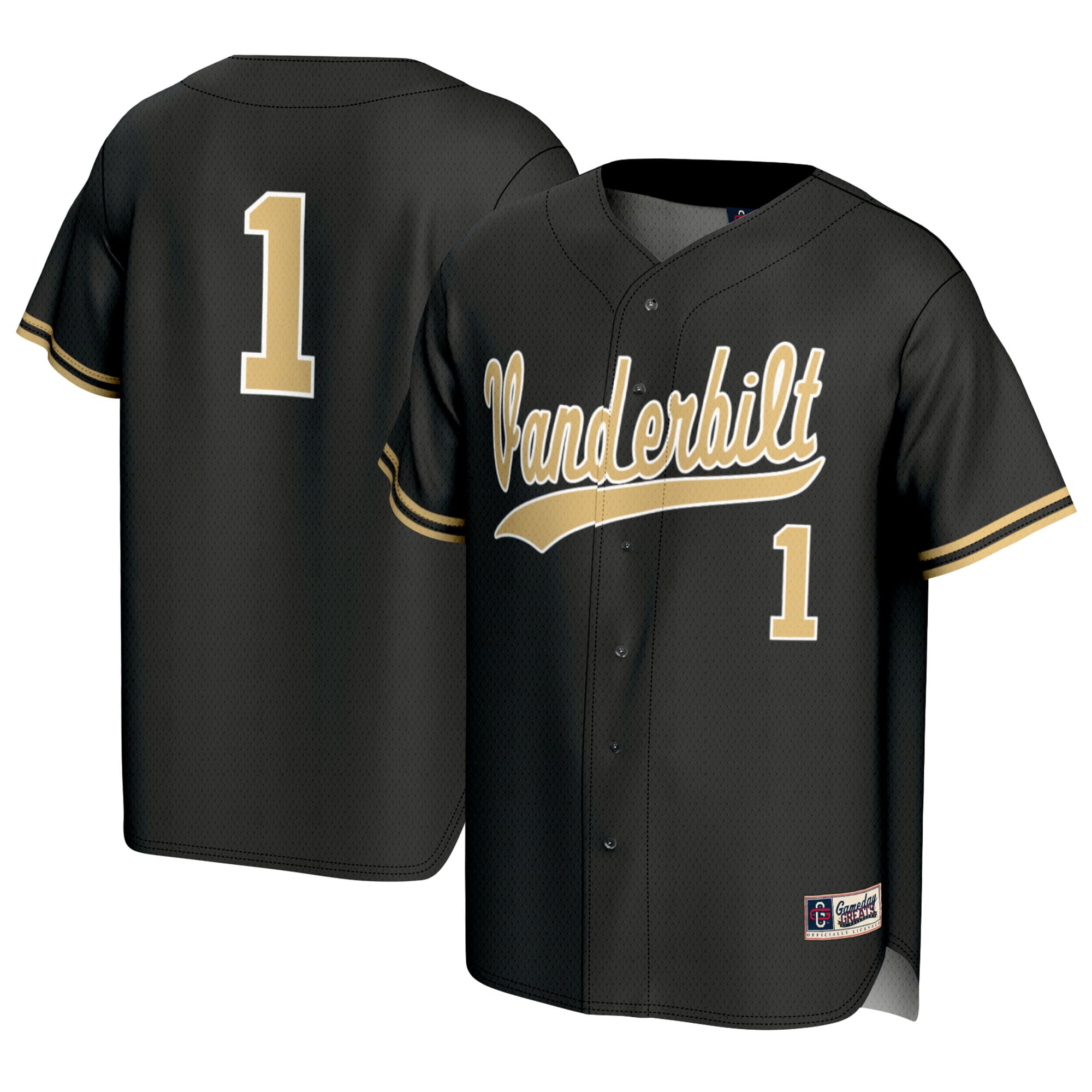 #1 Vanderbilt Commodores Youth Baseball Lightweight Fashion Jersey Black - front and back view