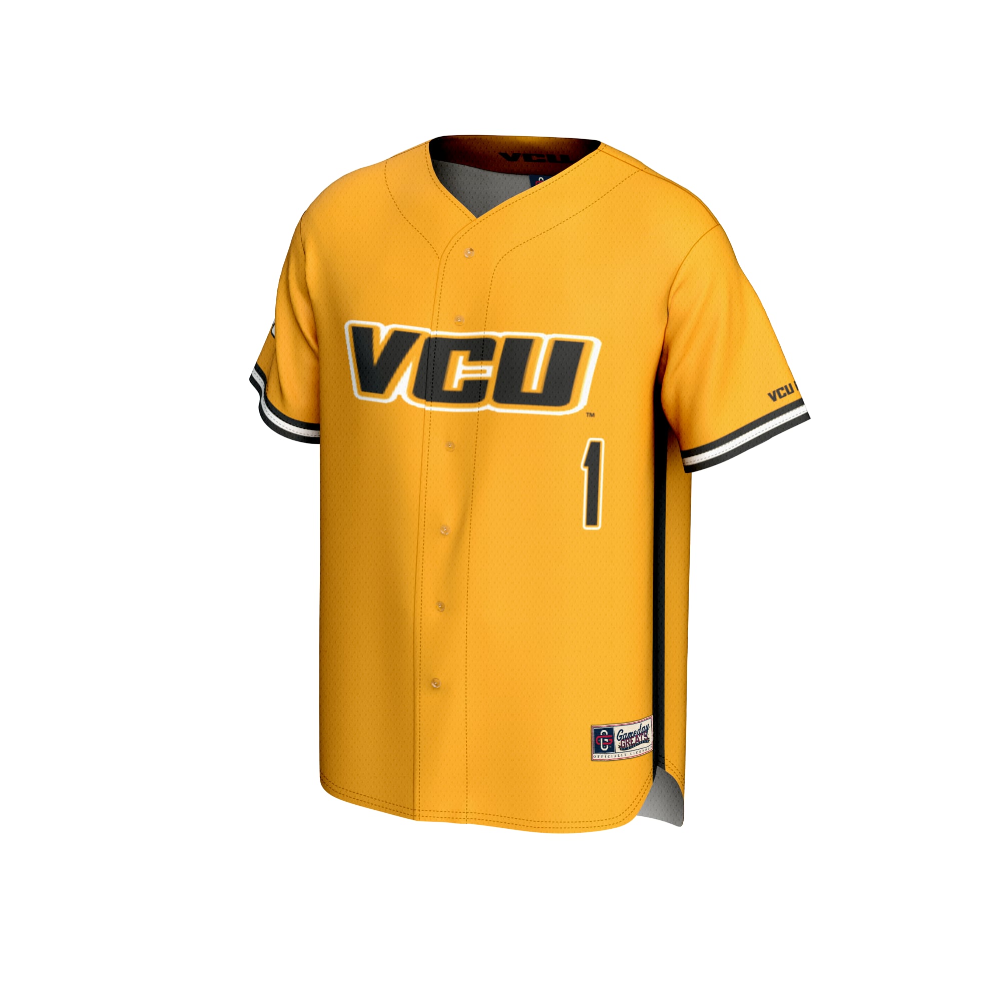 #1 VCU Rams Unisex Lightweight Baseball Fashion Jersey Gold - front view