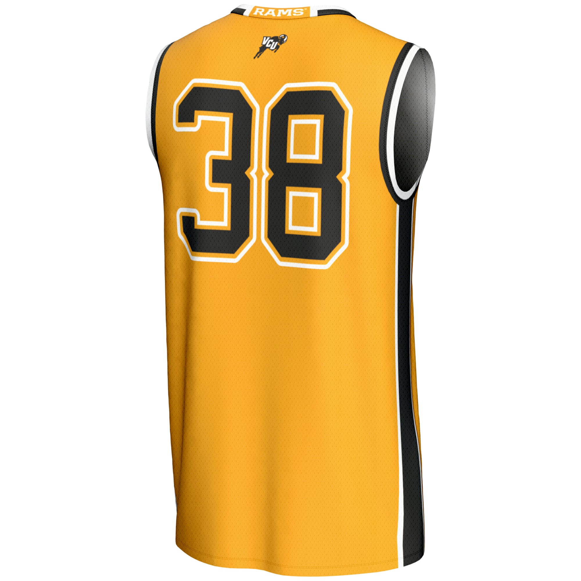 #38 VCU Rams Unisex Lightweight Basketball Jersey Gold - back view