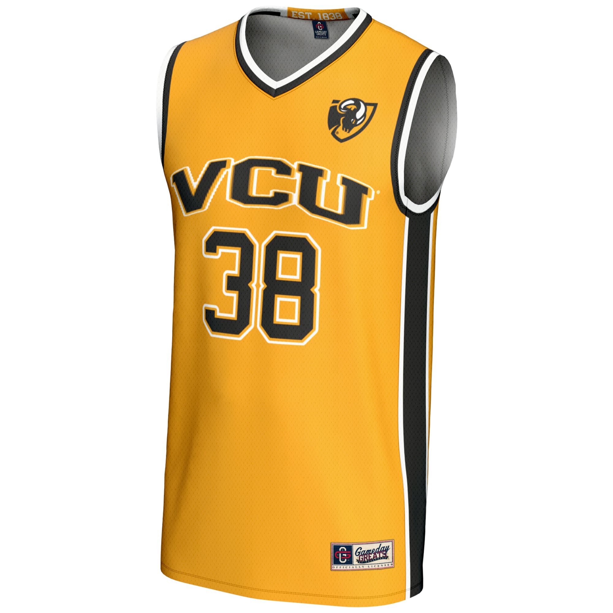 #38 VCU Rams Unisex Lightweight Basketball Jersey Gold - front view