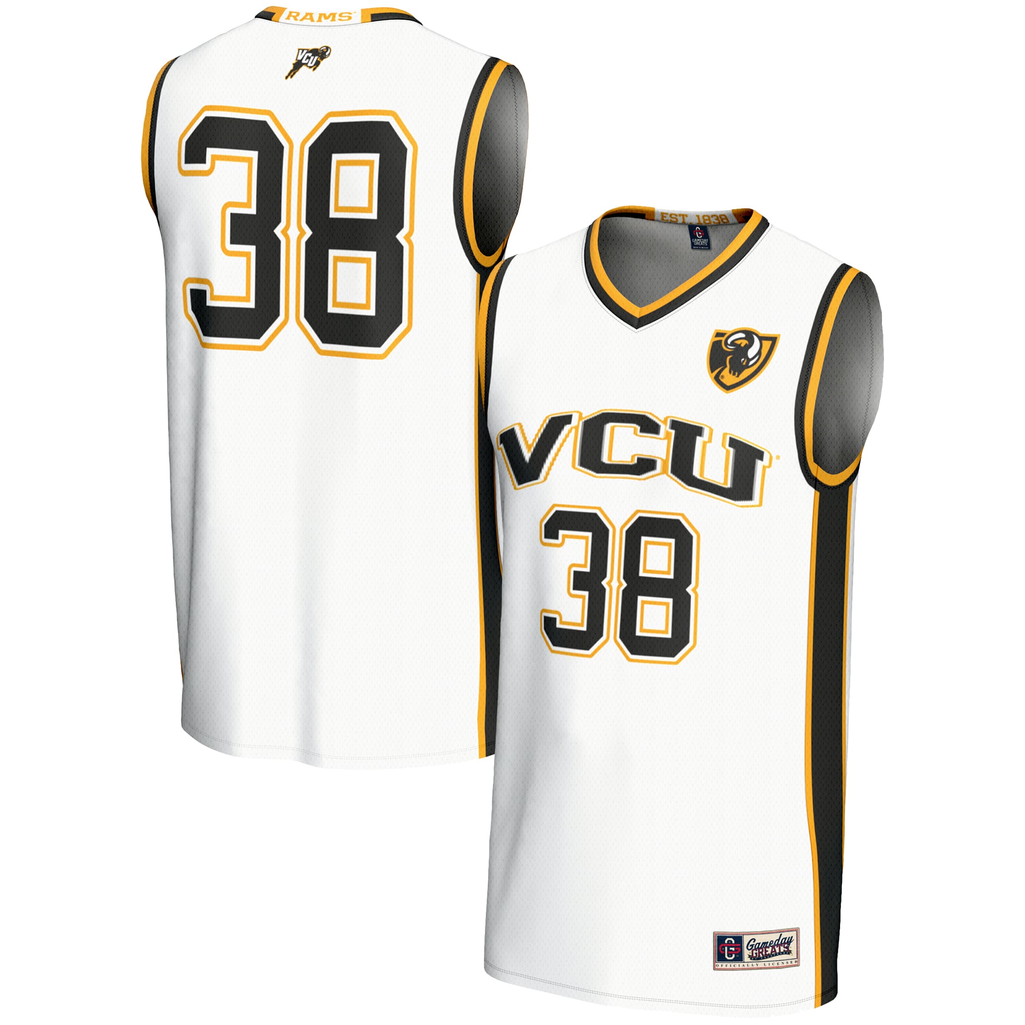 #38 VCU Rams Unisex Lightweight Basketball Jersey White - front and back view