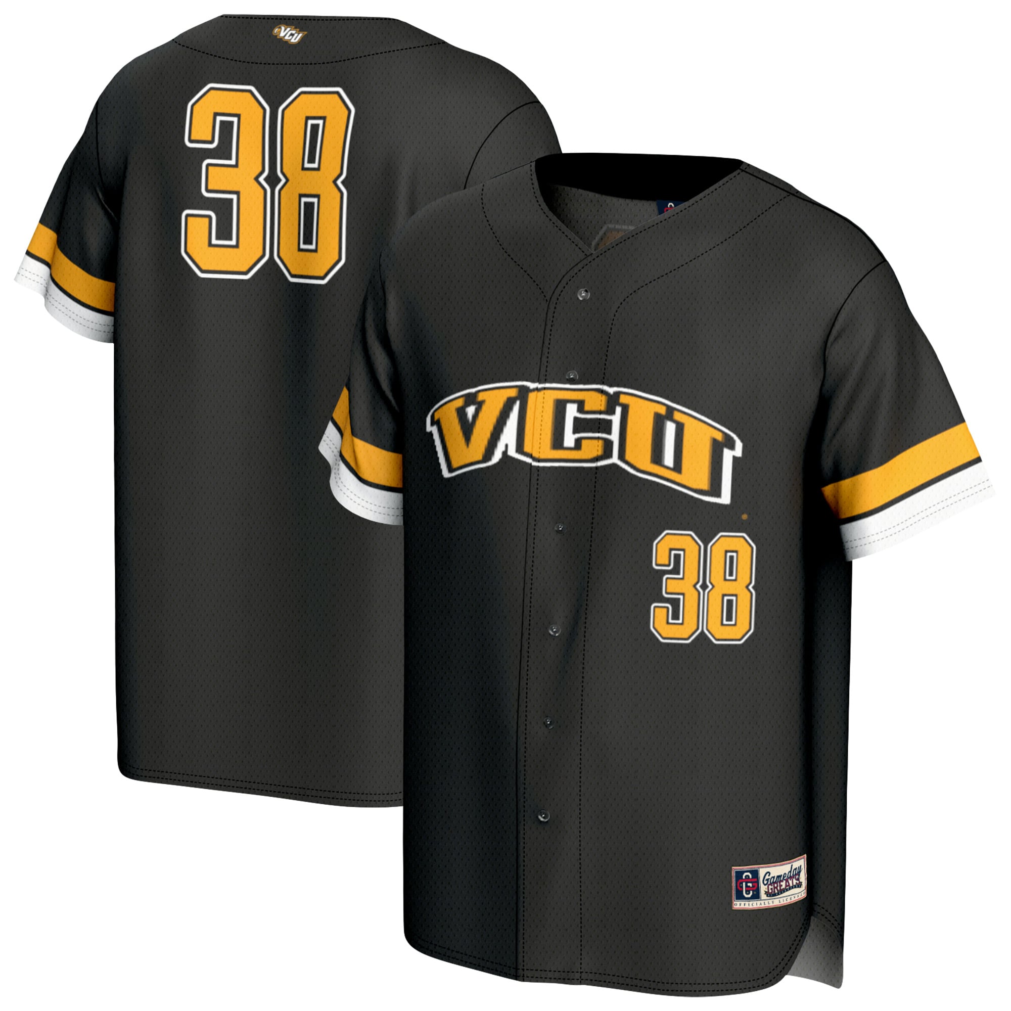 #38 VCU Rams Unisex Lightweight Collegiate Baseball Fashion Jersey Black - front and back view