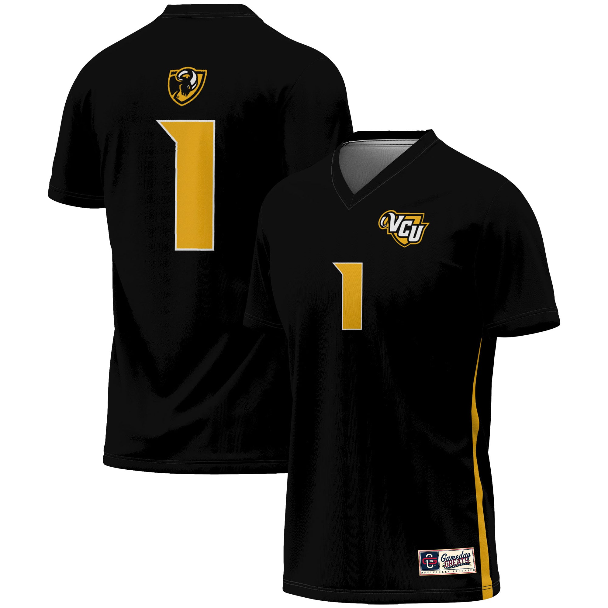 #1 VCU Rams Unisex Women's Soccer Lightweight Fashion Jersey Black - front and back view