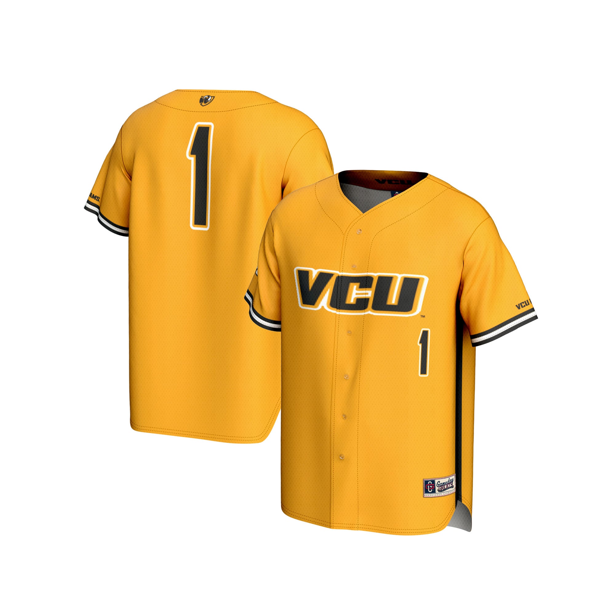#1 VCU Rams Youth Lightweight Baseball Fashion Jersey Gold - front and back view
