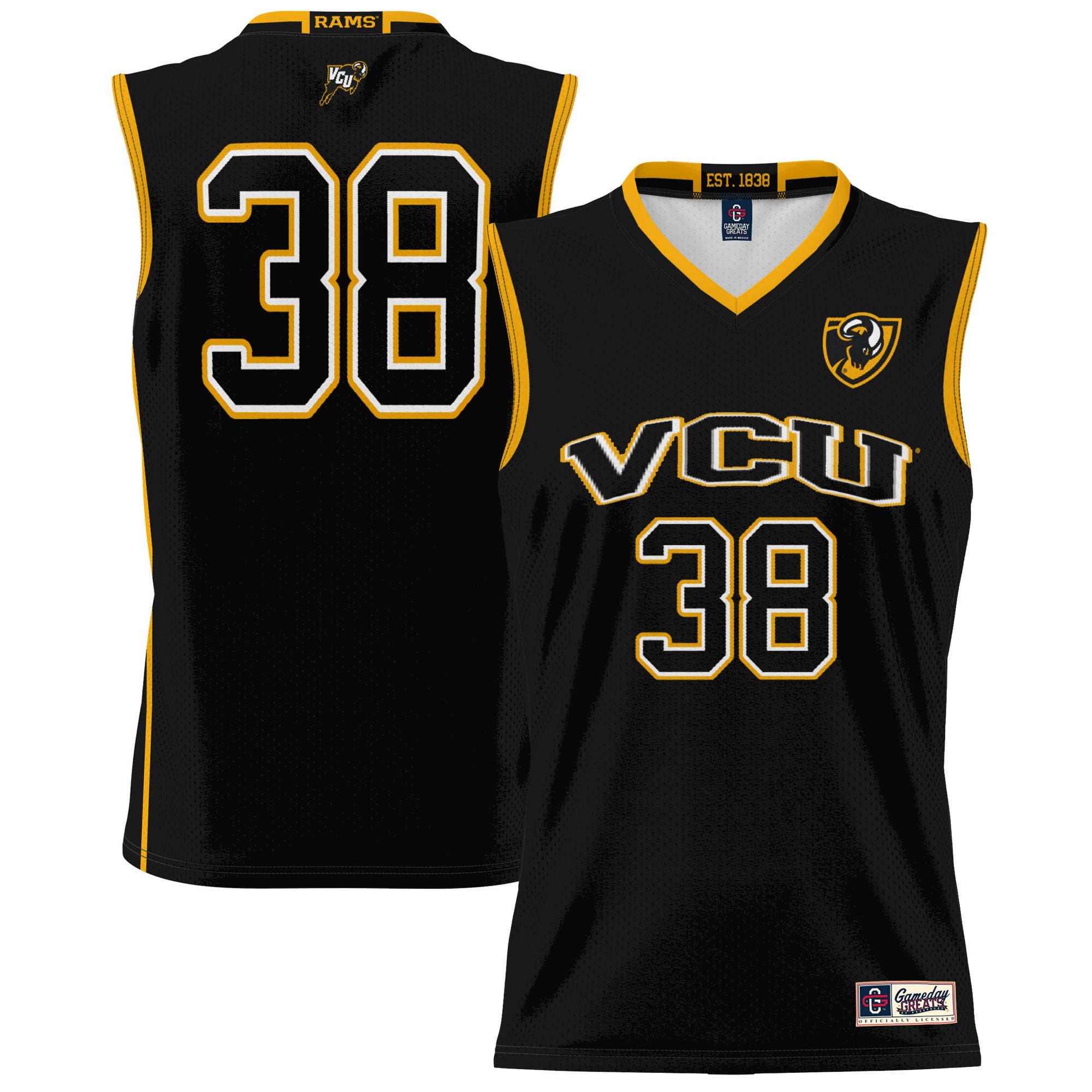 #38 VCU Rams Youth Lightweight Basketball Jersey Black - front and back view