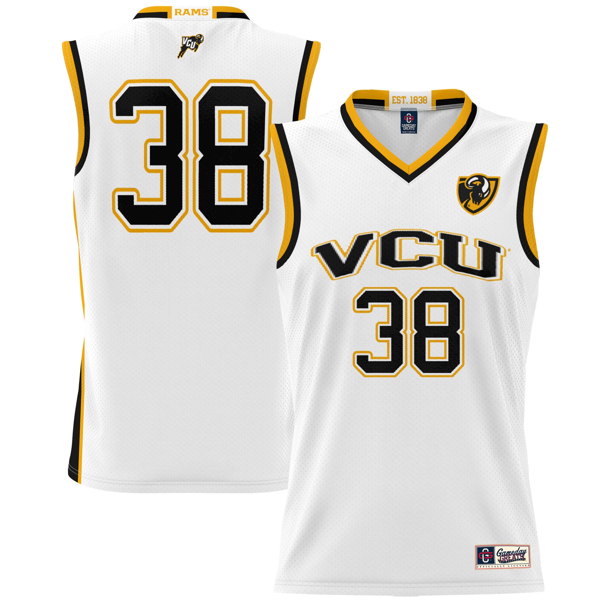 #38 VCU Rams Youth Lightweight Basketball Jersey White - front and back view