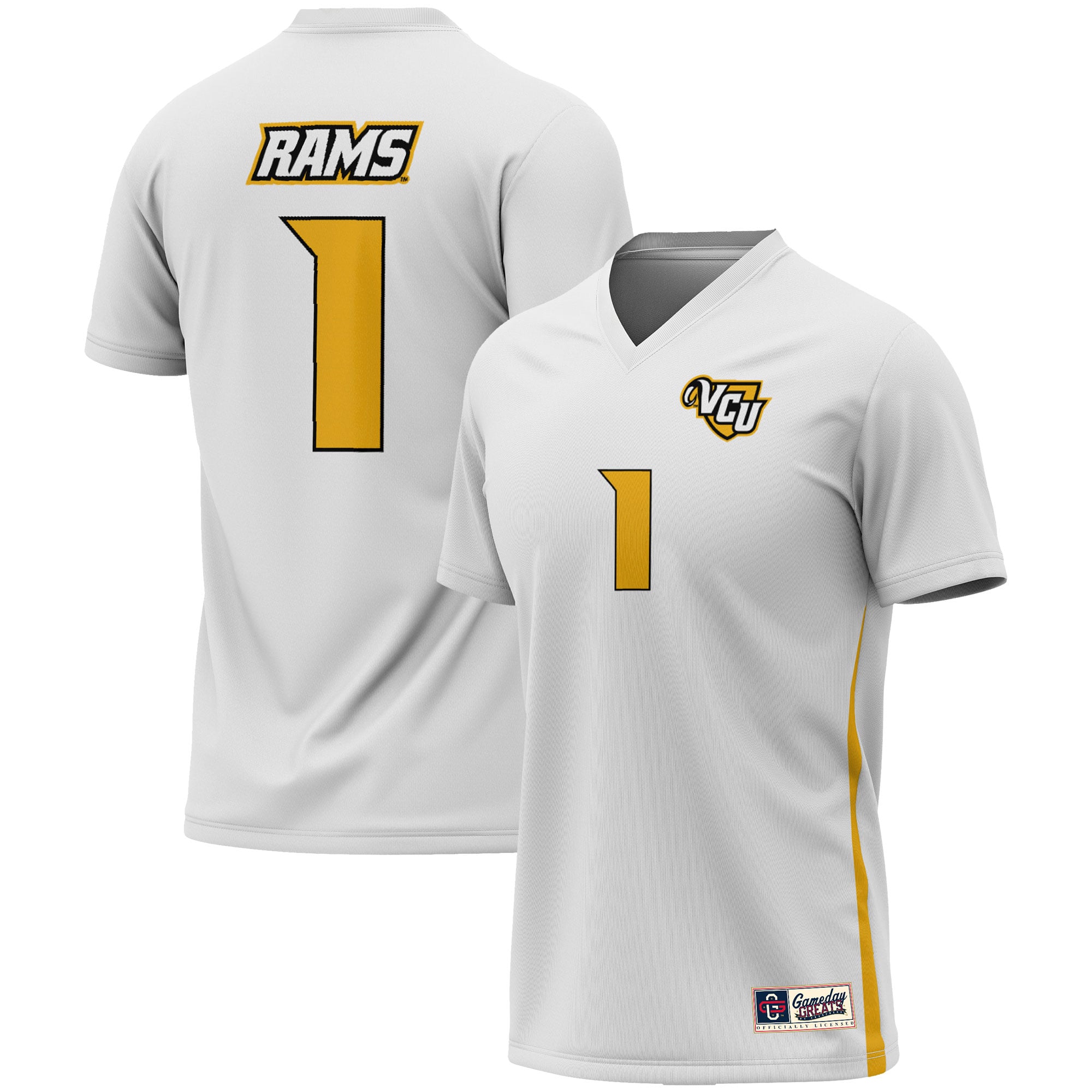 #1 VCU Rams Youth Men's Soccer Lightweight Fashion Jersey White - front and back view