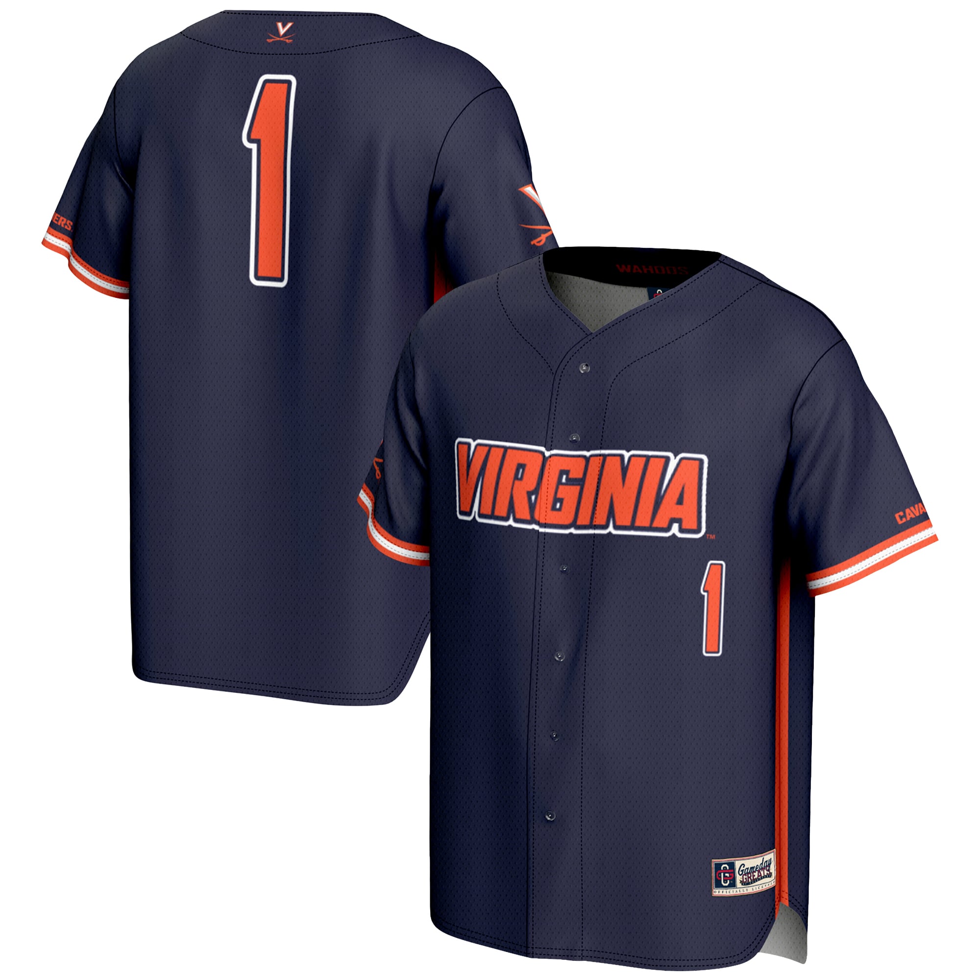 #1 Virginia Cavaliers Lightweight Baseball Jersey Navy - front and back view