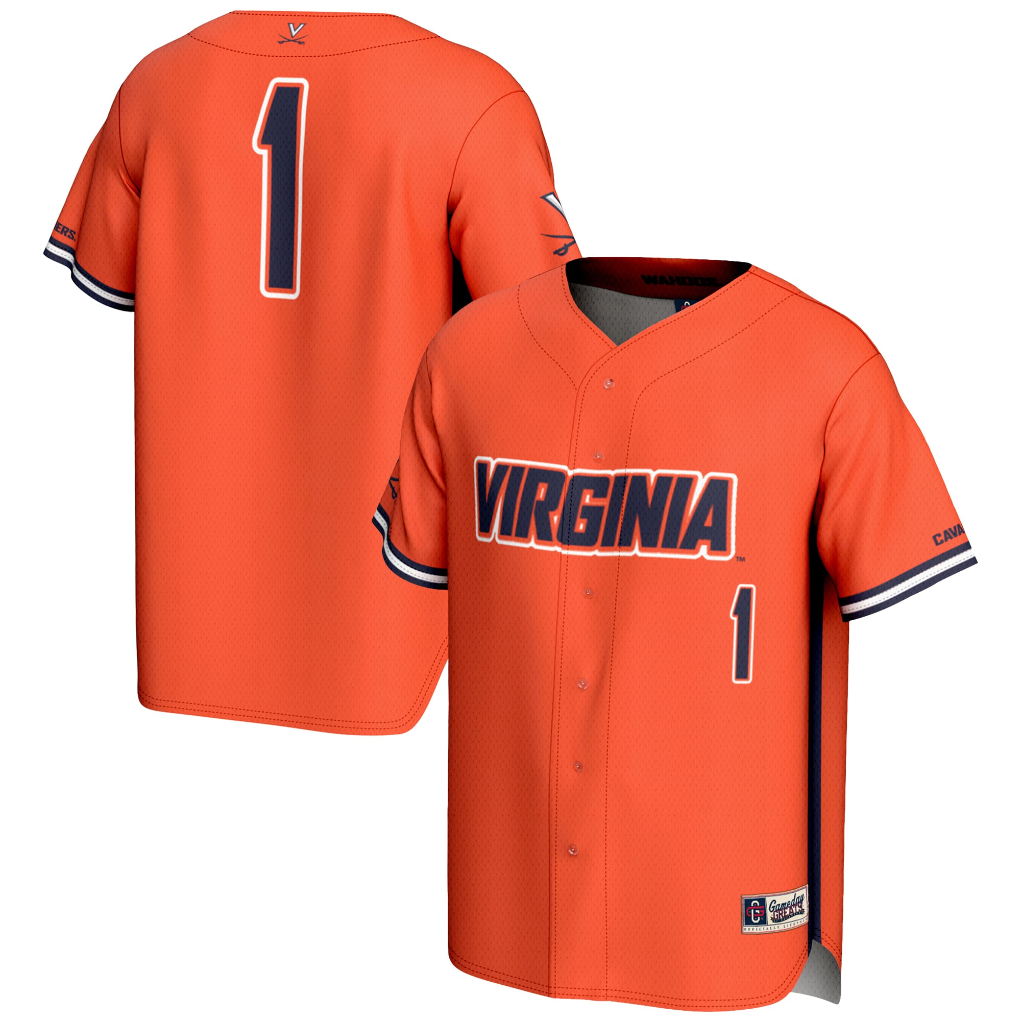 #1 Virginia Cavaliers Lightweight Baseball Jersey Orange - front and back view