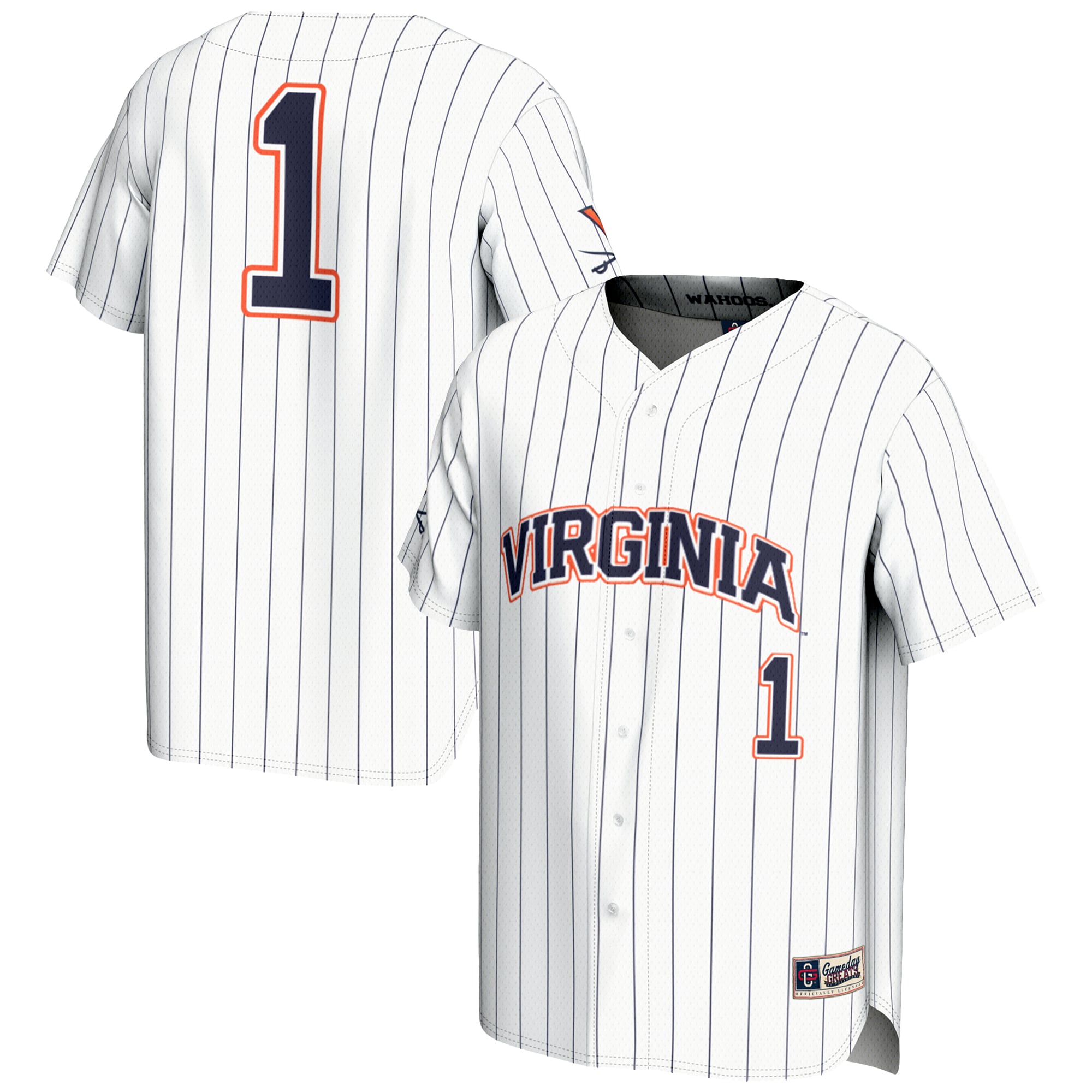 #1 Virginia Cavaliers Lightweight Baseball Jersey White - front and back view