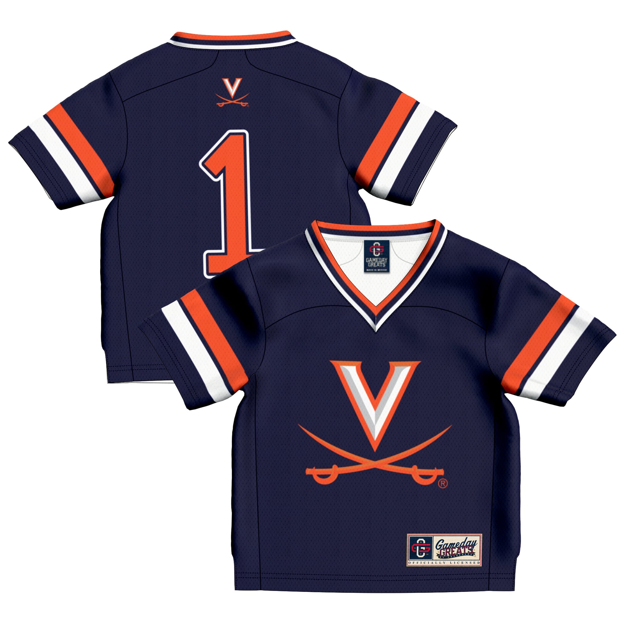 #1 Virginia Cavaliers Toddler Lightweight Football Jersey Navy - front and back view