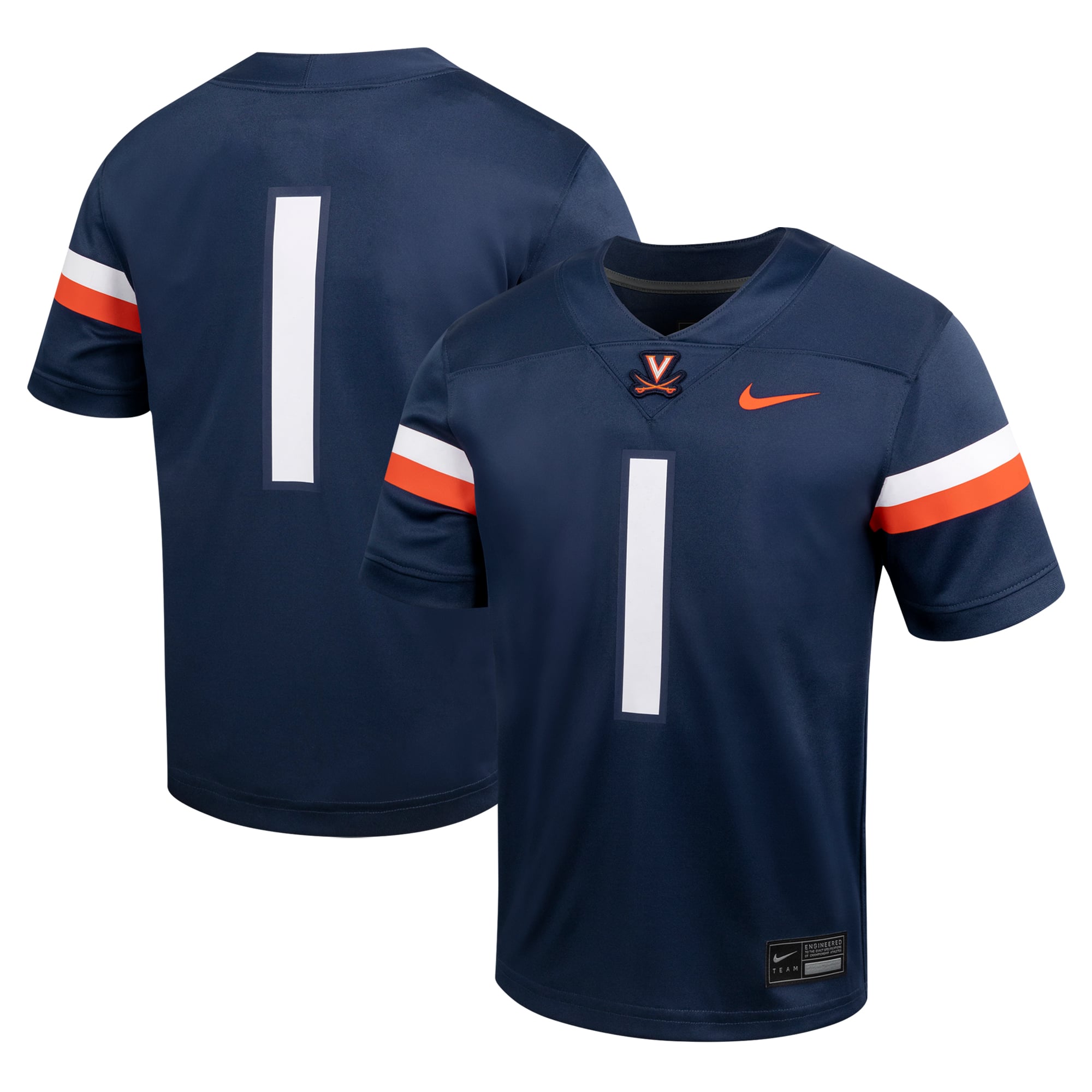 #1 Virginia Cavaliers Youth Football Jersey - Navy - front and back view