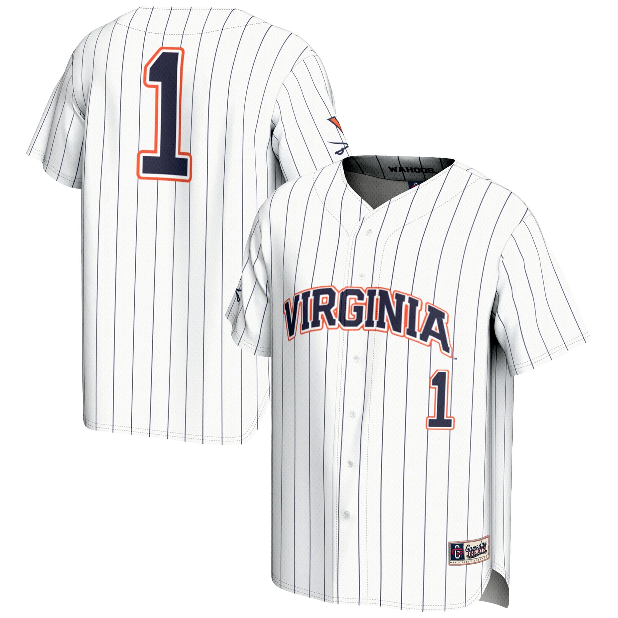 #1 Virginia Cavaliers Youth Lightweight Baseball Jersey White - front and back view
