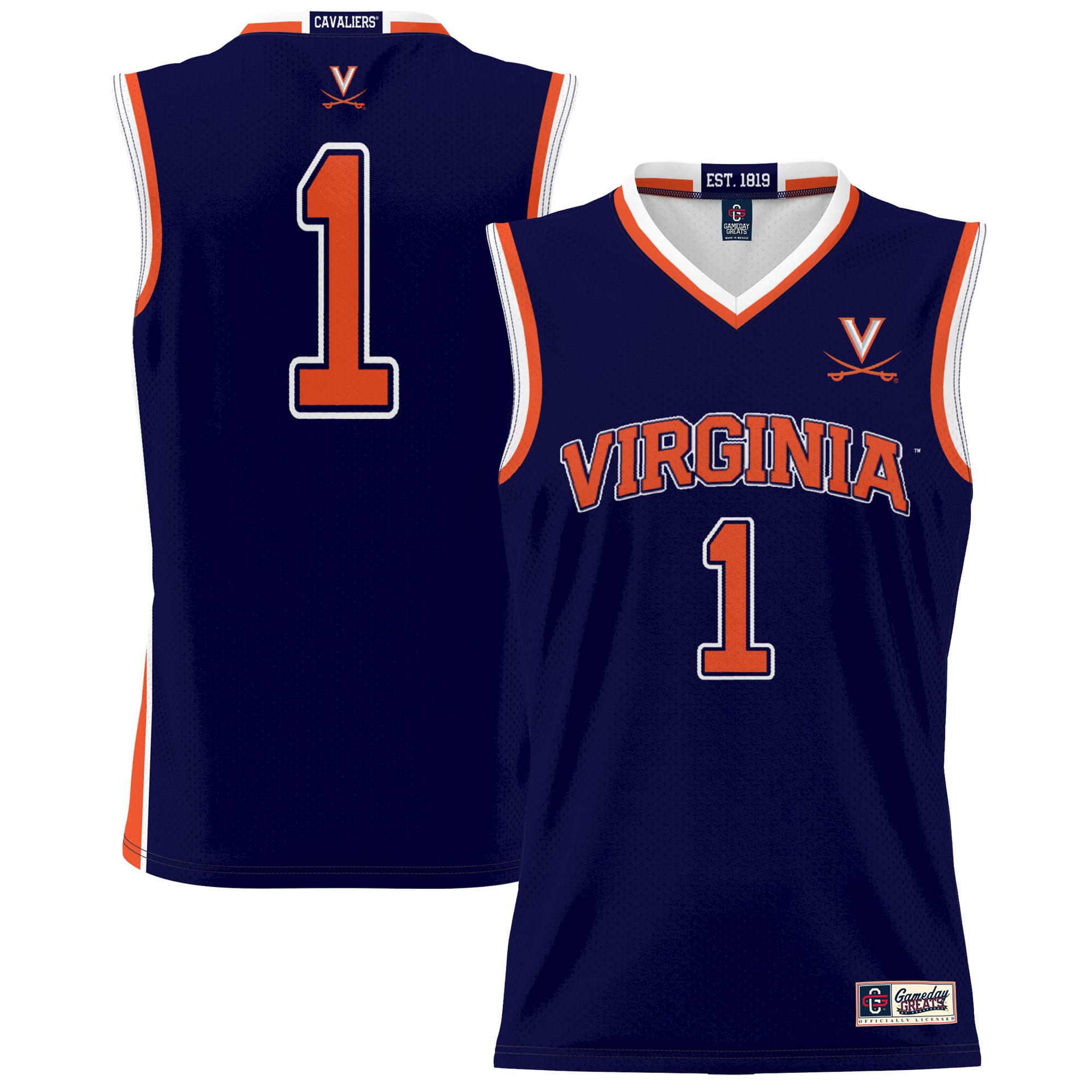 #1 Virginia Cavaliers Youth Lightweight Basketball Jersey Navy - front and back view