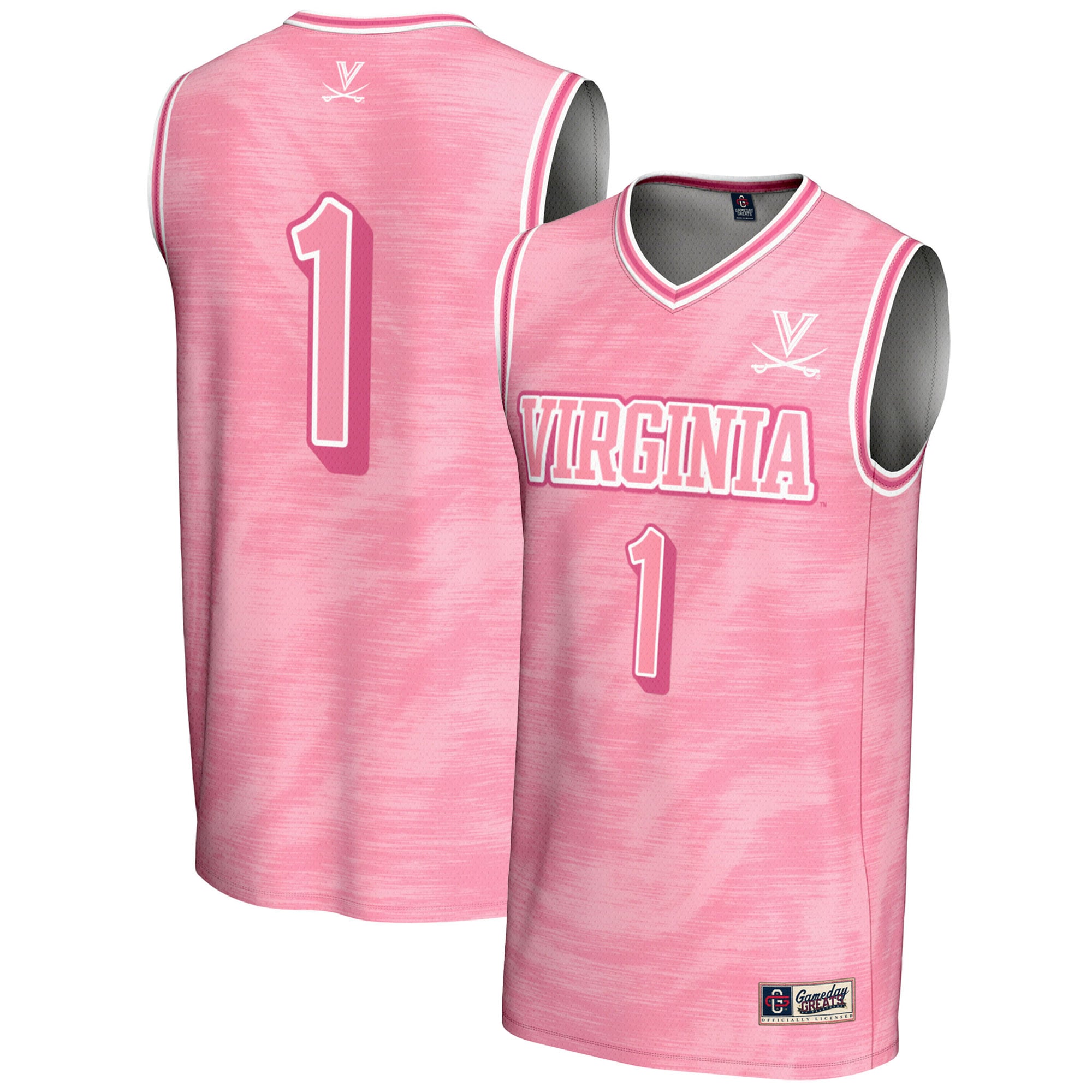 #1 Virginia Cavaliers Youth Lightweight Basketball Jersey Pink - front and back view
