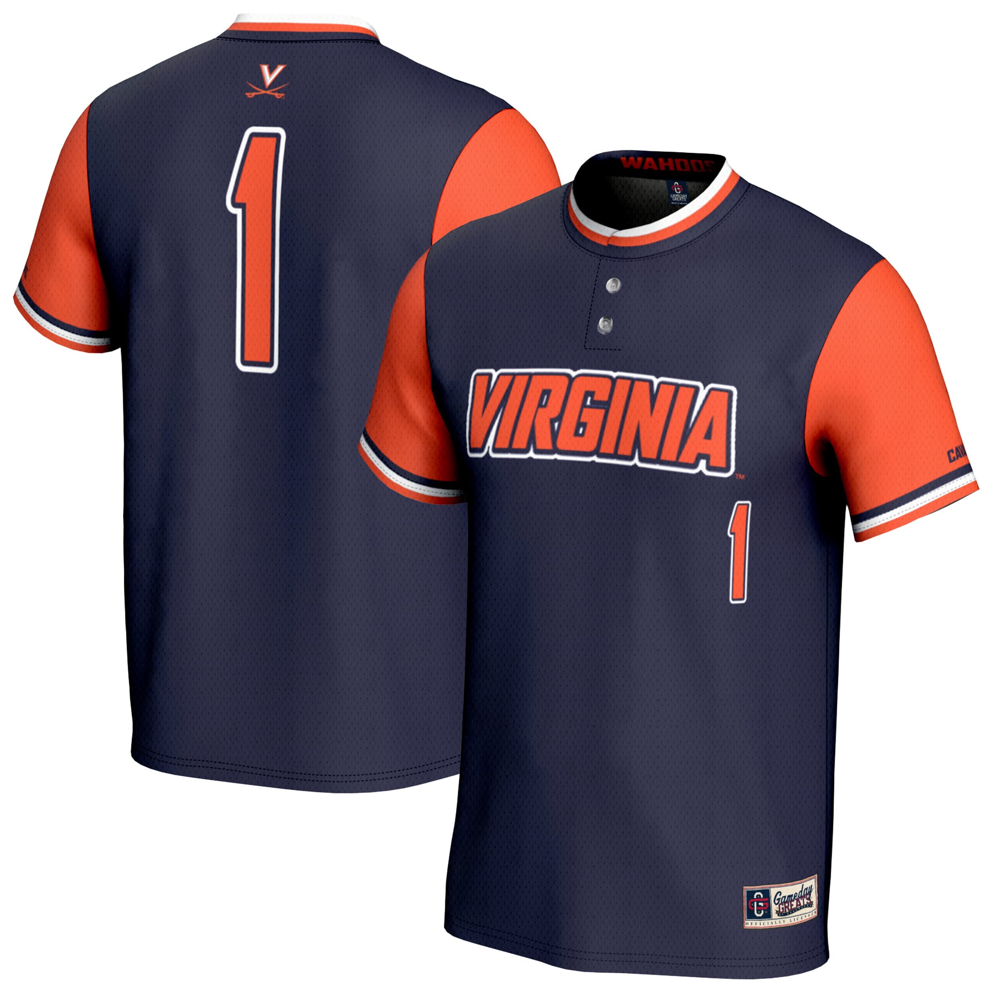 Virginia Cavaliers Youth Lightweight Softball Fashion Jersey Navy - front and back view
