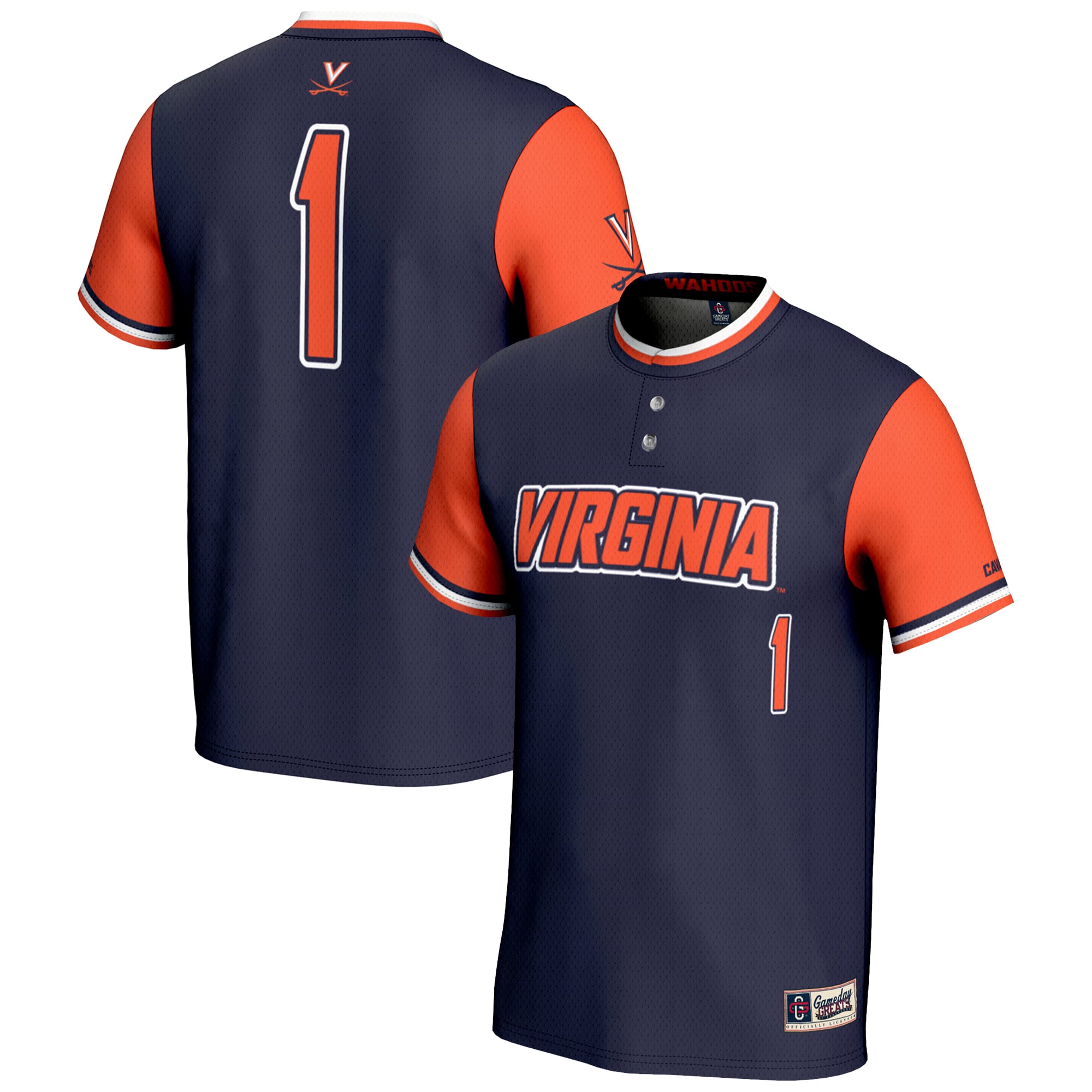 #1 Virginia Cavaliers Youth Lightweight Softball Jersey Navy - front and back view