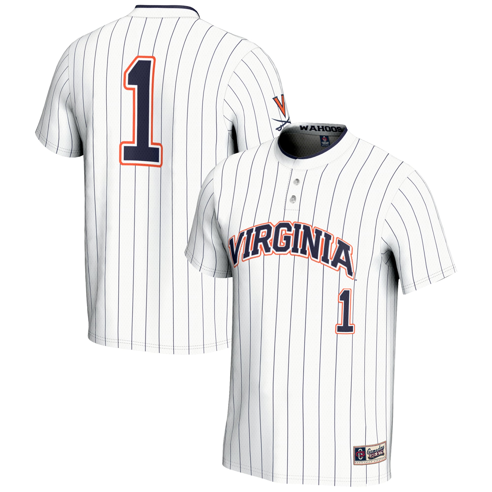 #1 Virginia Cavaliers Youth Lightweight Softball Jersey White - front and back view