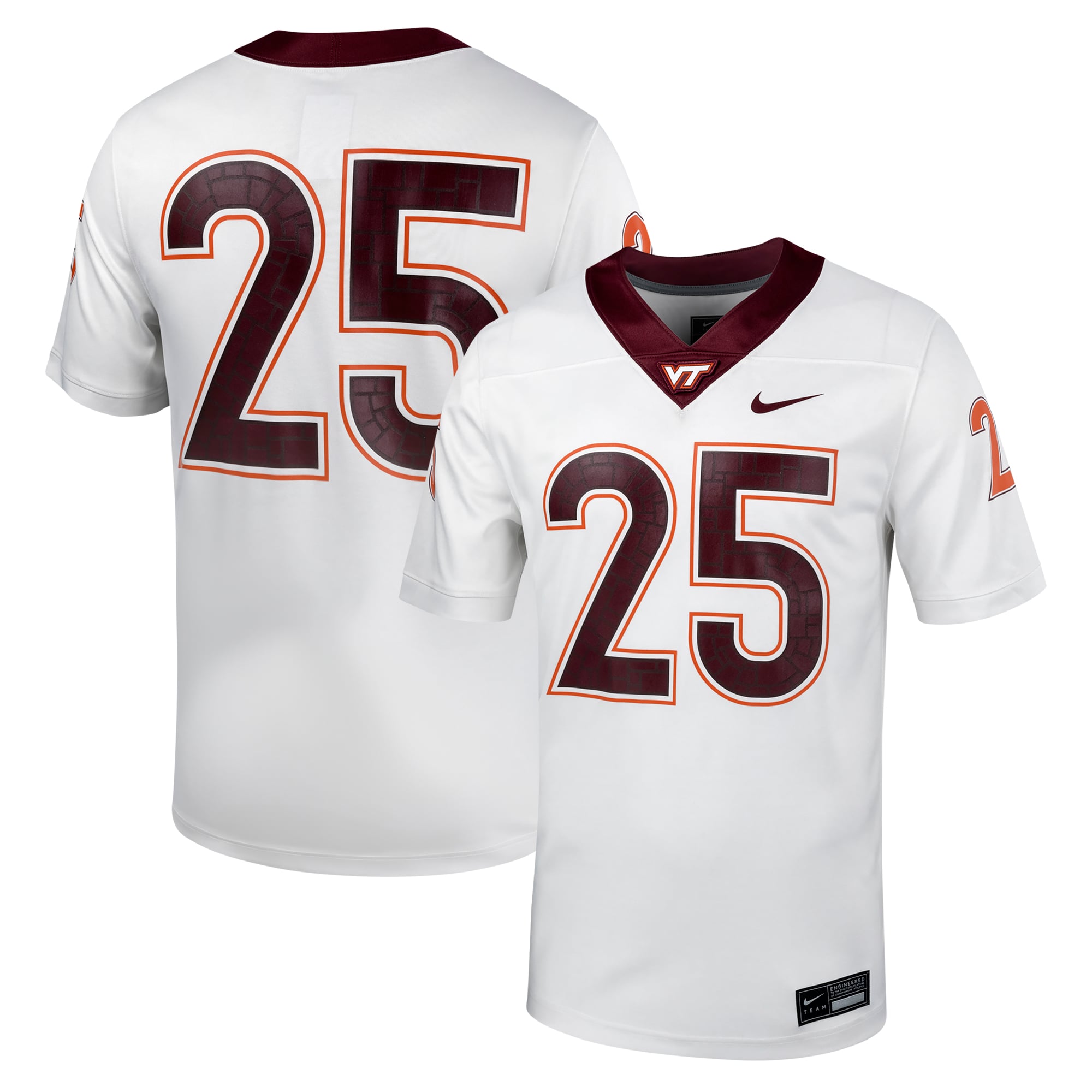 #25 Virginia Tech Hokies Football Jersey - White - front and back view