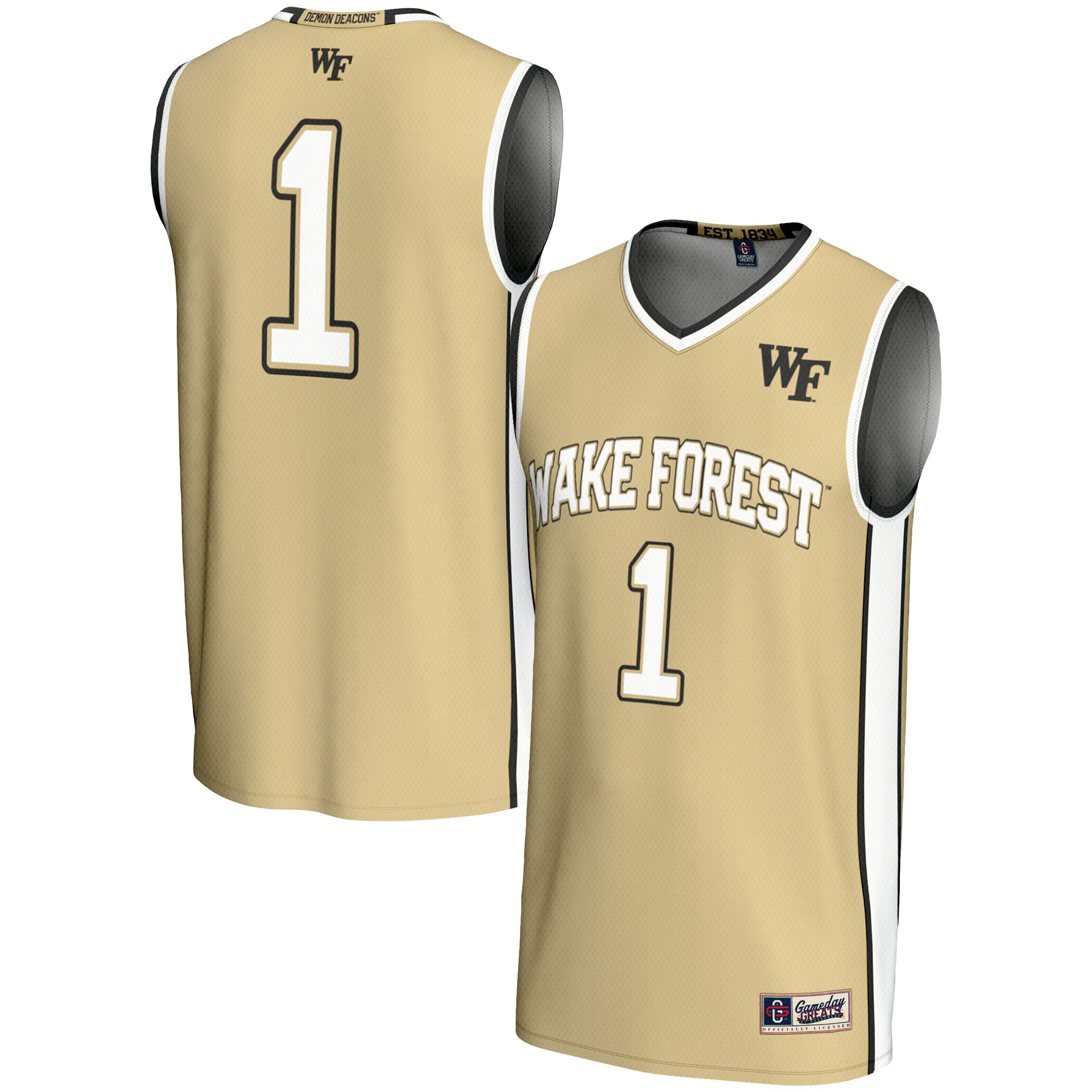 #1 Wake Forest Demon Deacons Unisex Lightweight Basketball Jersey Gold - front and back view