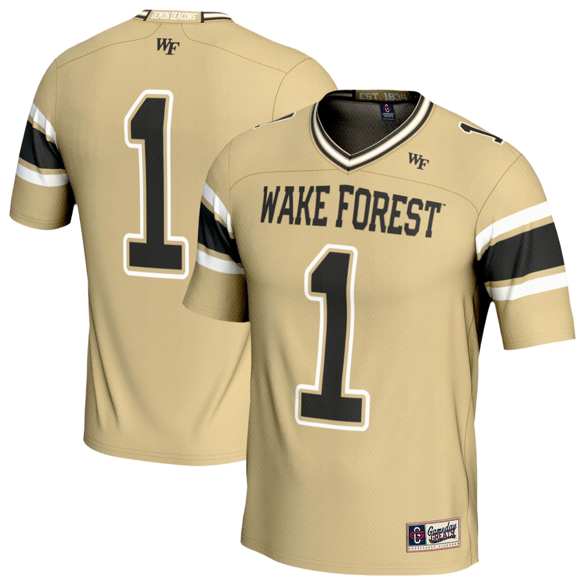 #1 Wake Forest Demon Deacons Unisex Lightweight Football Fashion Jersey Gold - front and back view