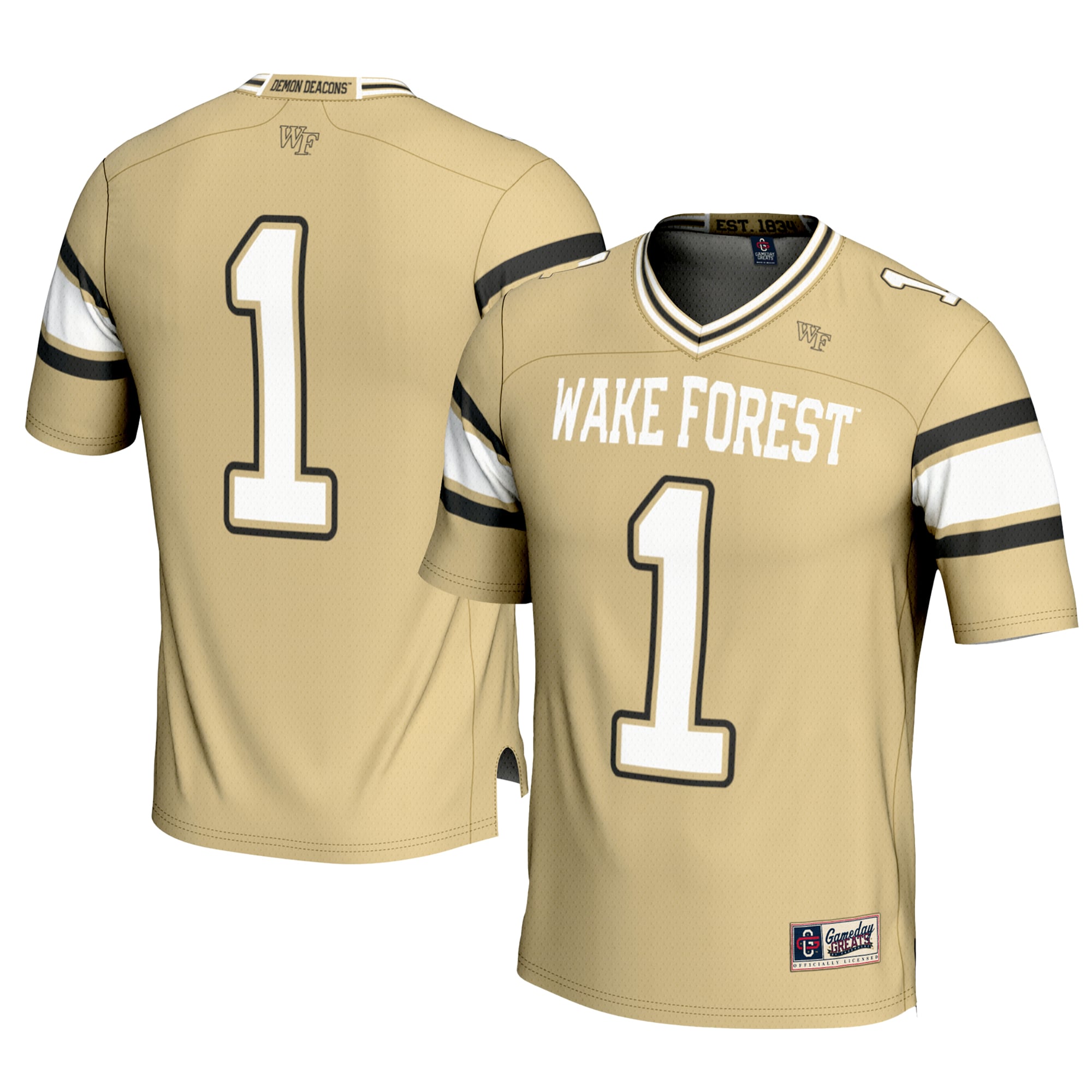 #1 Wake Forest Demon Deacons Youth Football Jersey Gold - front and back view