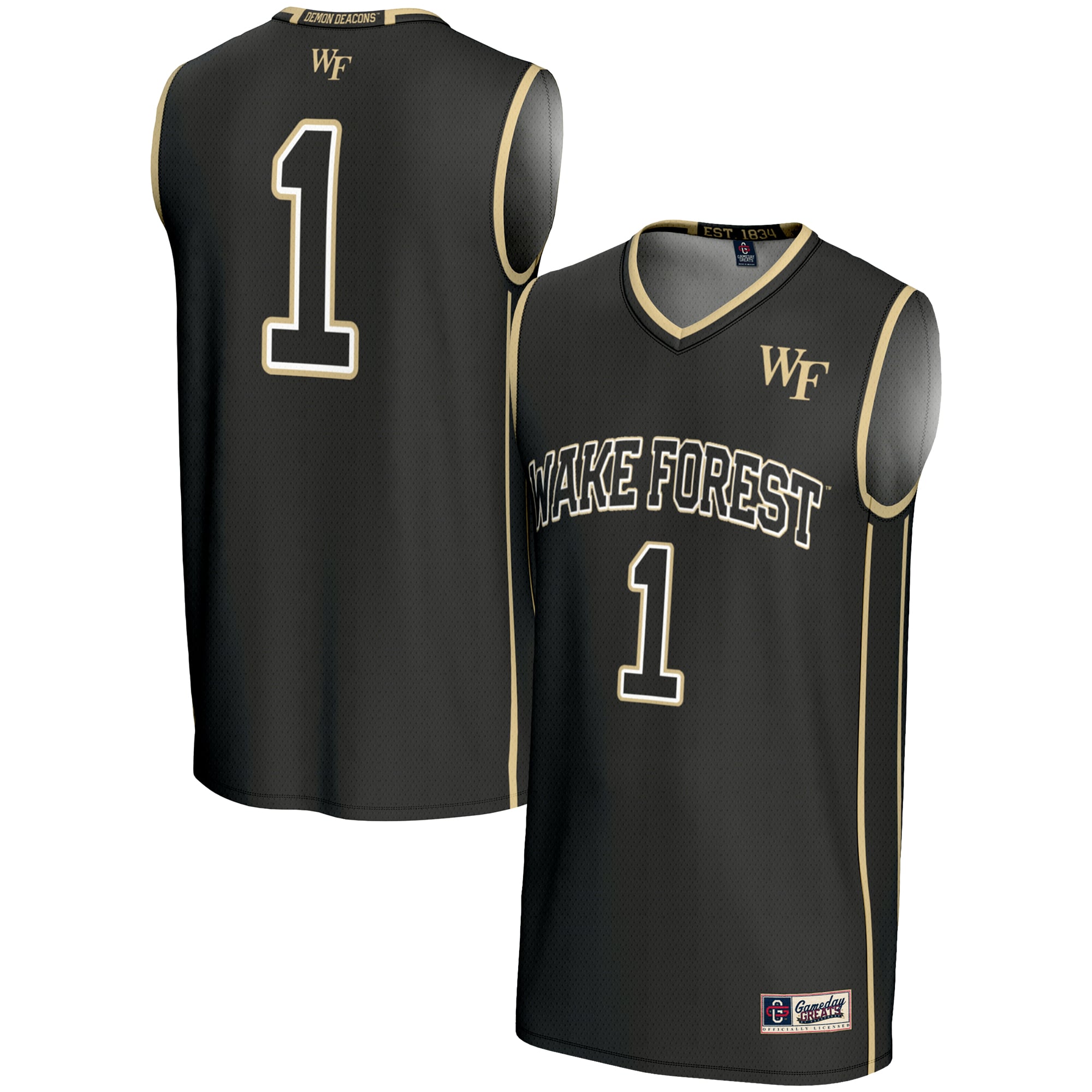 #1 Wake Forest Demon Deacons Youth Lightweight Basketball Jersey Black - front and back view