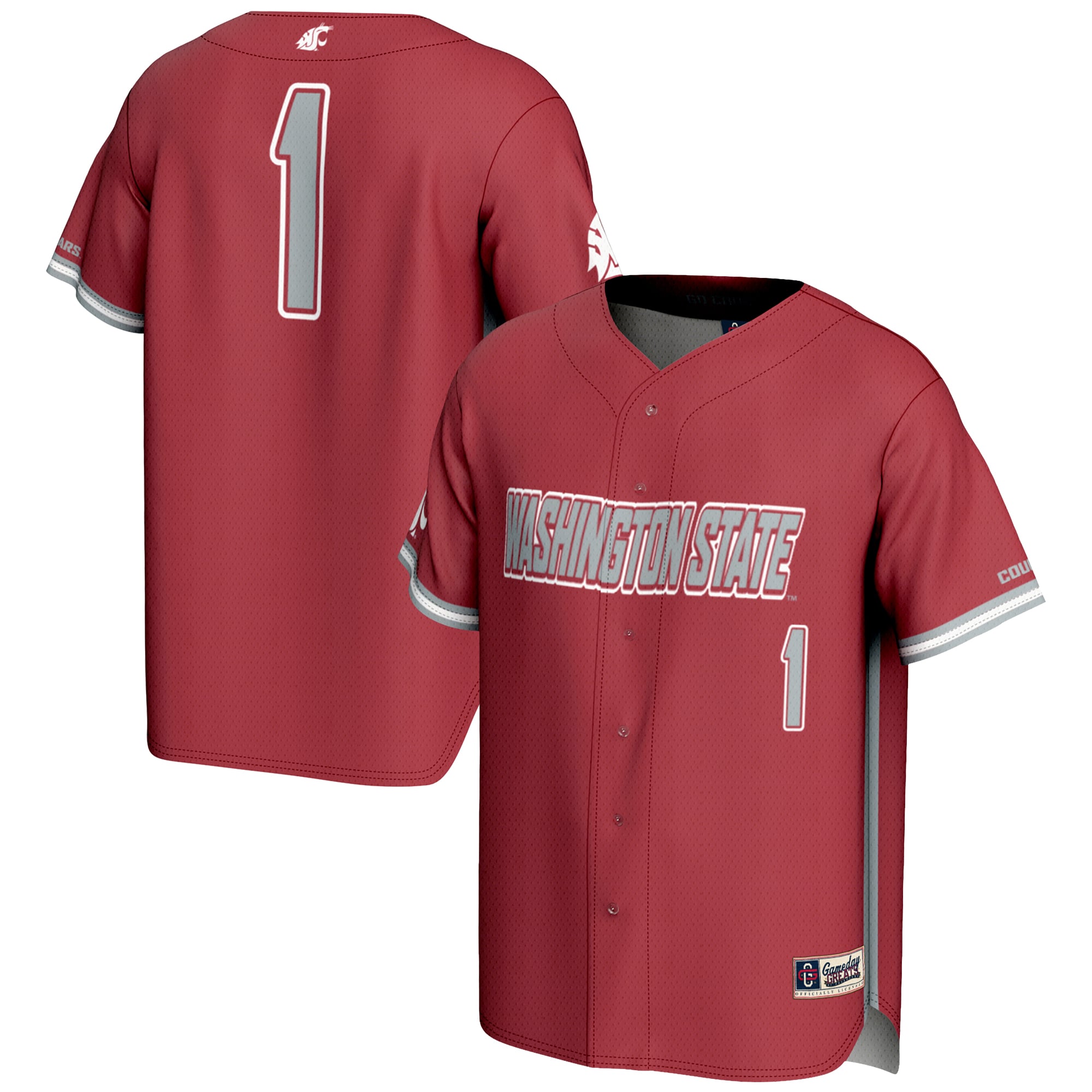 #1 Washington State Cougars Youth Lightweight Baseball Jersey Crimson - front and back view