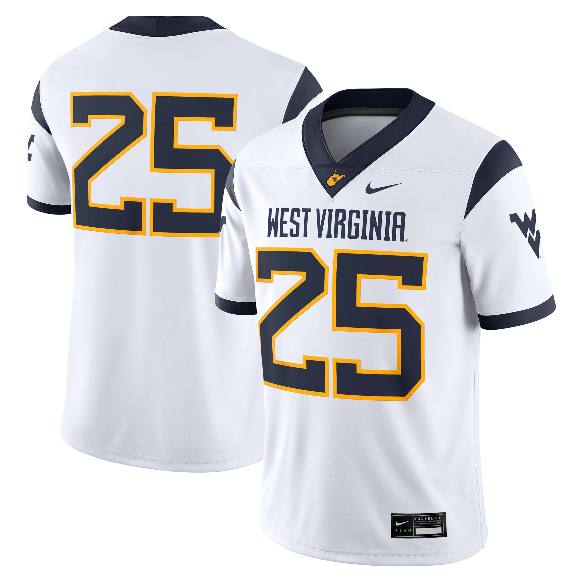 #25 West Virginia Mountaineers Away Jersey White - front and back view
