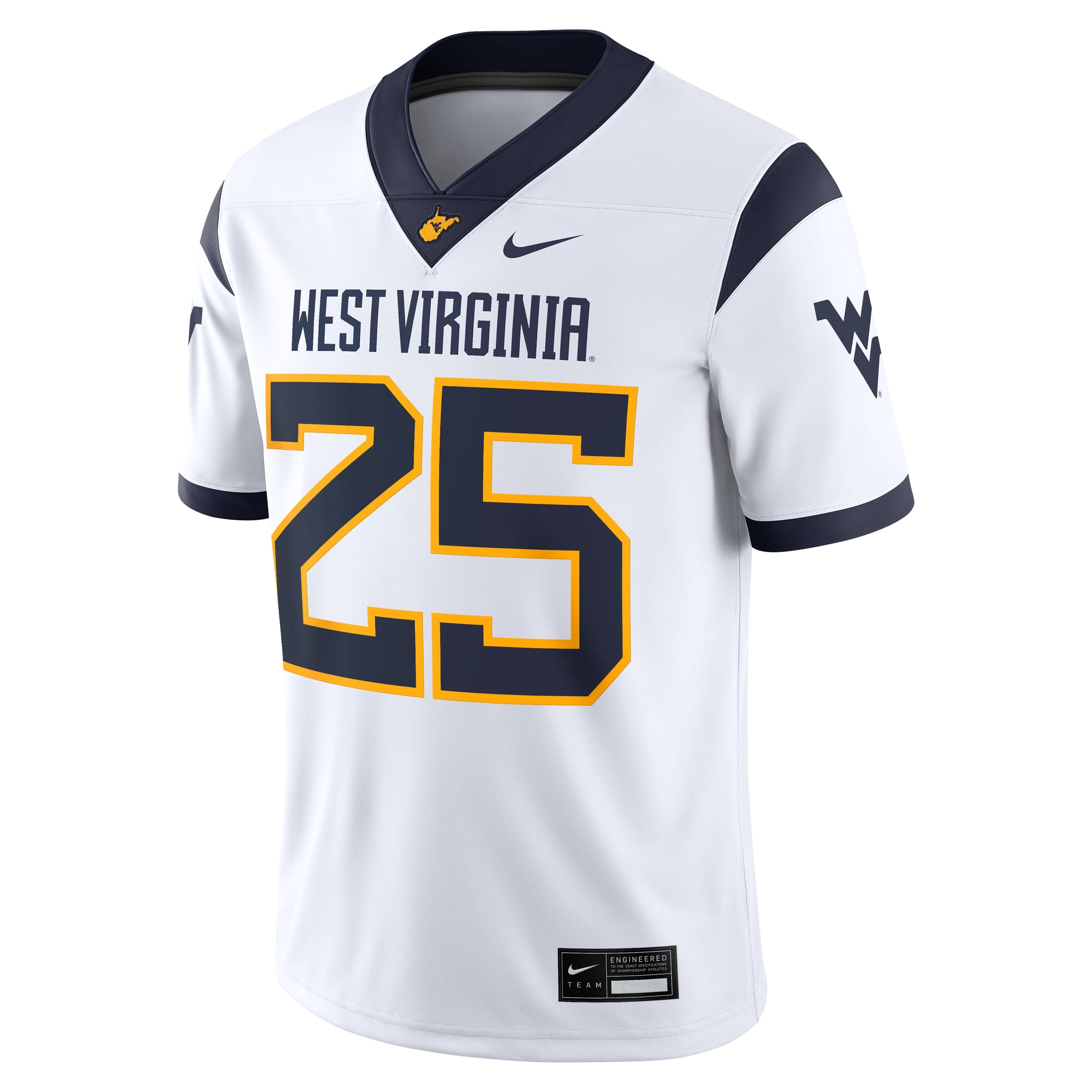 #25 West Virginia Mountaineers Away Jersey White - front view