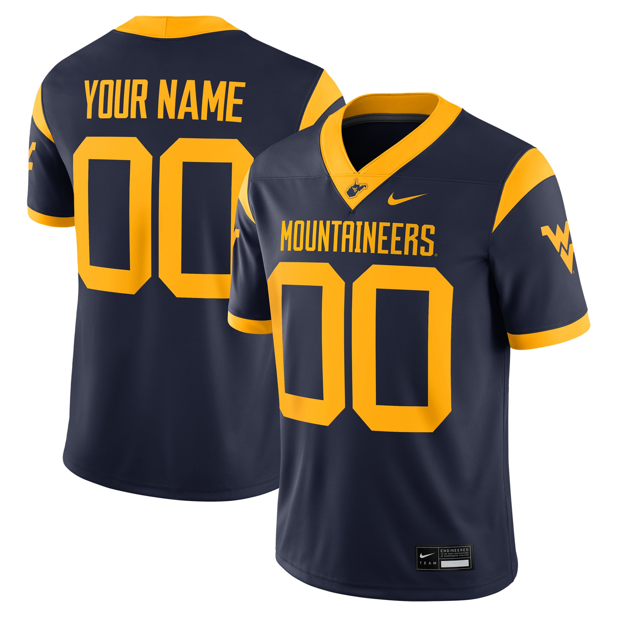 West Virginia Mountaineers Custom Football Jersey Navy - front and back view