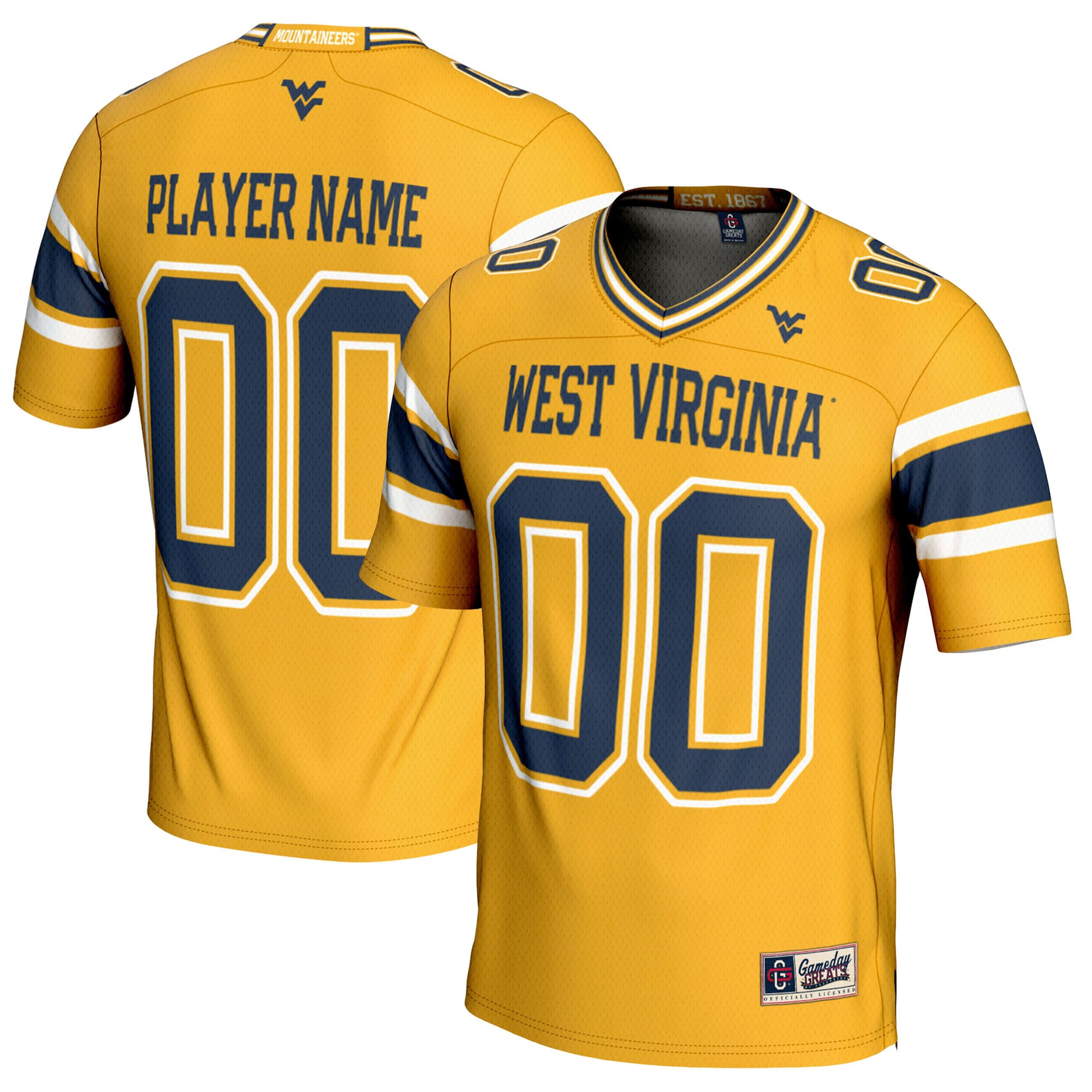 West Virginia Mountaineers Football Jersey Gold - front and back view
