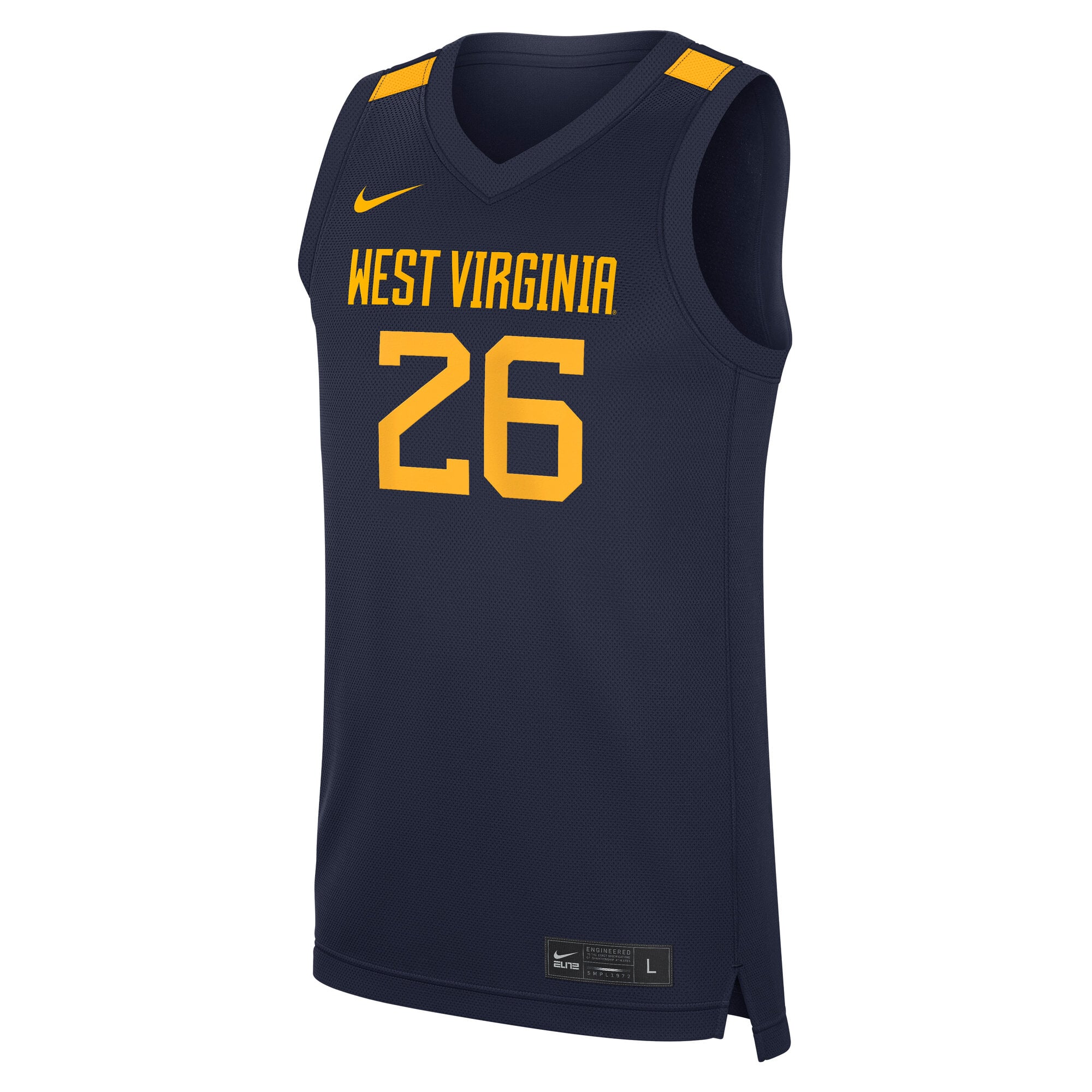 #26 West Virginia Mountaineers Road Basketball Jersey Navy - front view