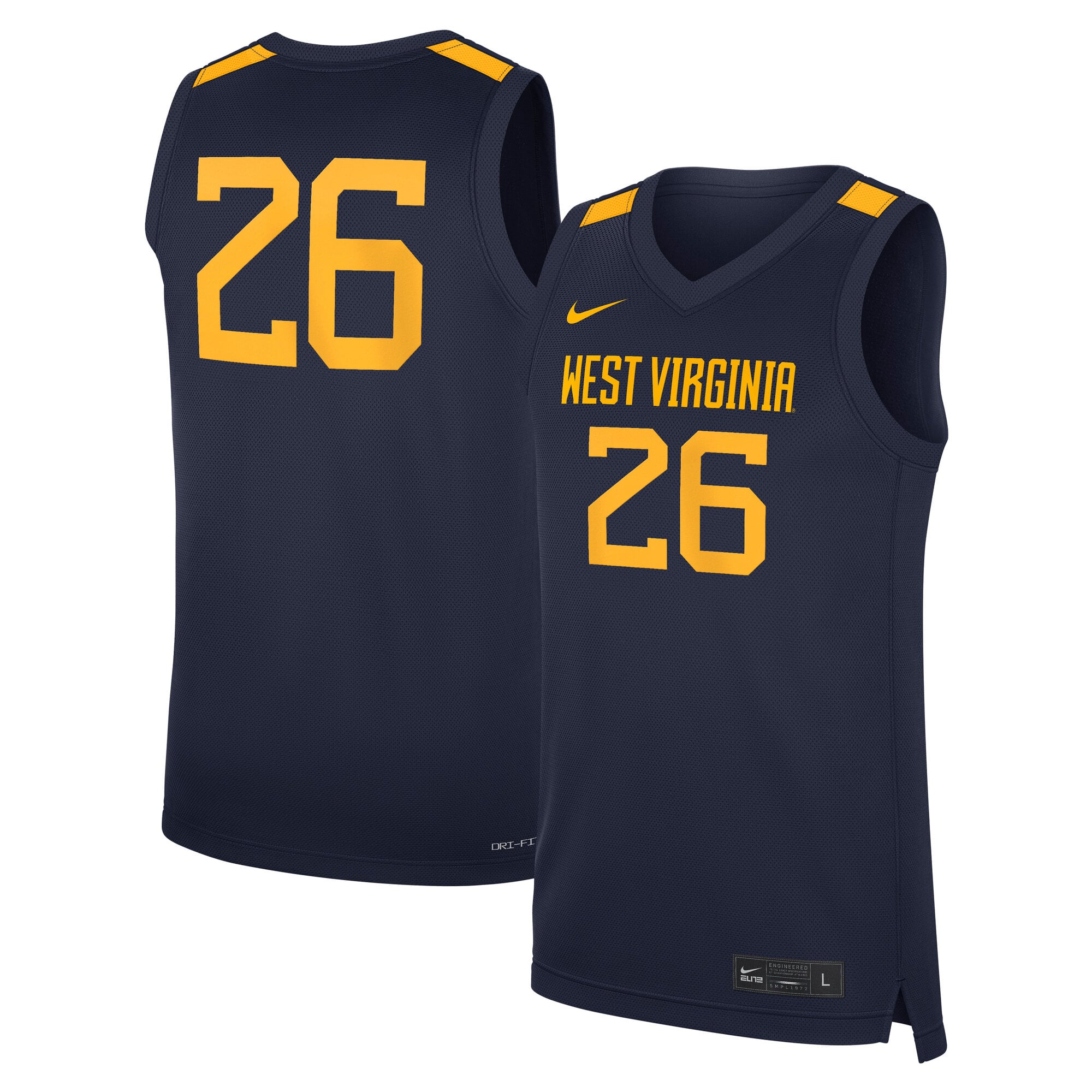#26 West Virginia Mountaineers Road Basketball Jersey Navy - front and back view