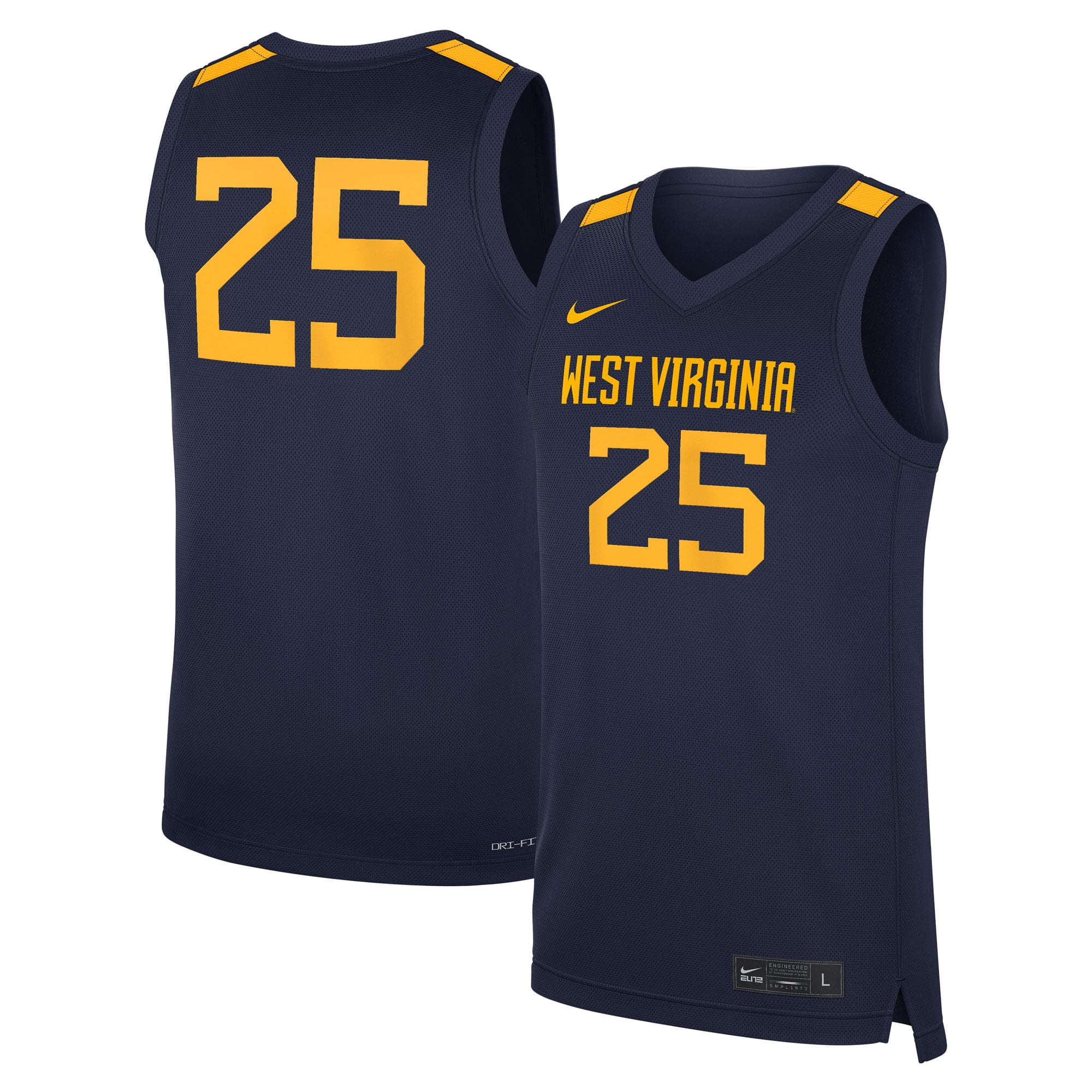 #25 West Virginia Mountaineers Road Basketball Jersey Navy - front and back view