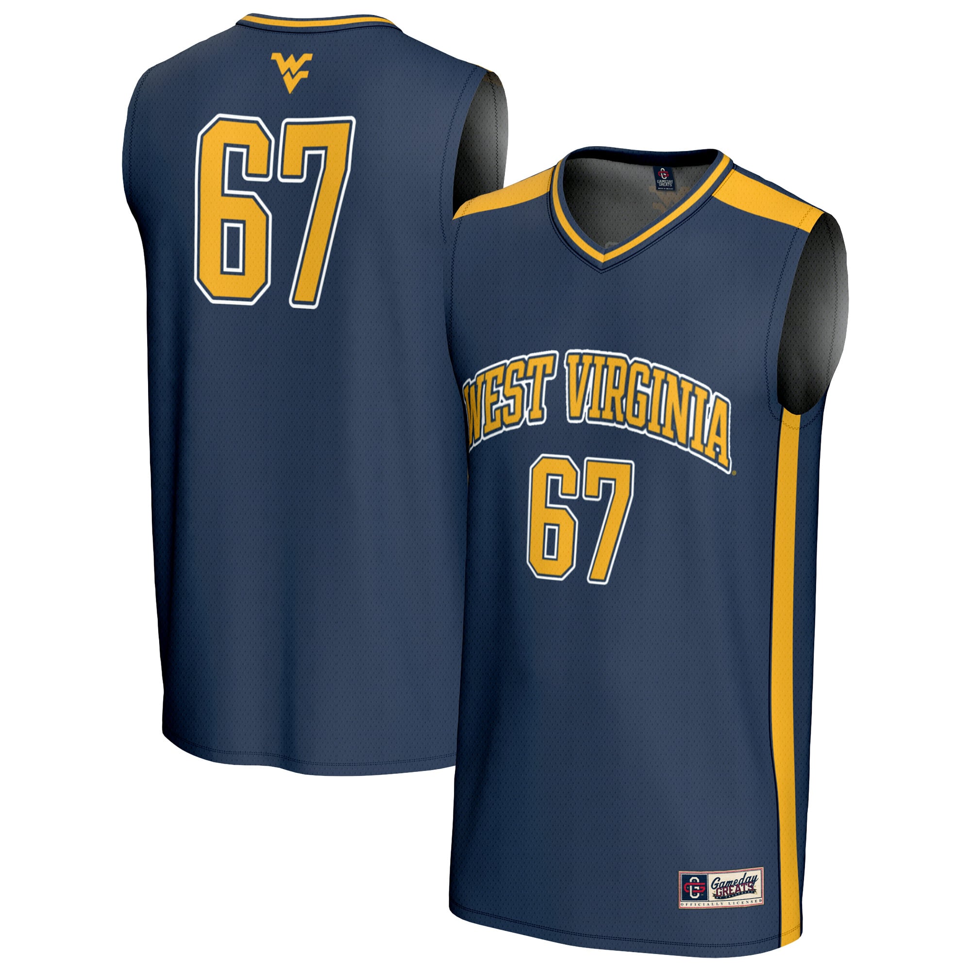 #67 West Virginia Mountaineers Unisex Lightweight Basketball Jersey Navy - front and back view