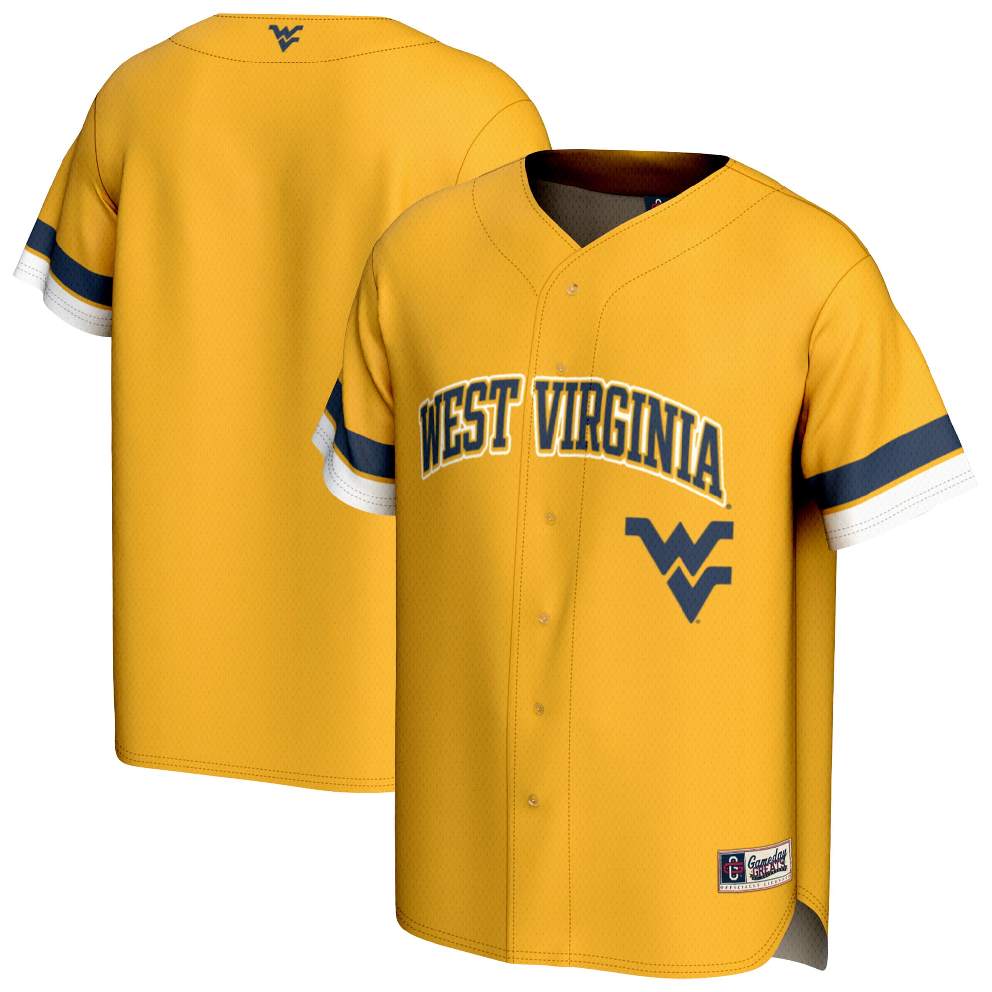 West Virginia Mountaineers Unisex Spirit Baseball Jersey Gold - front and back view