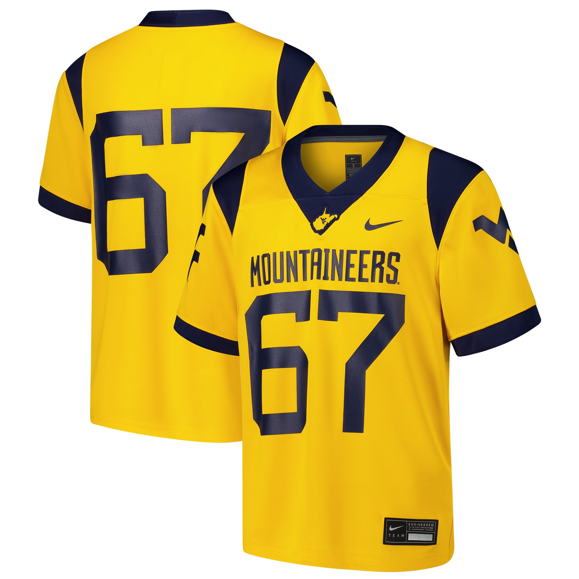 #67 West Virginia Mountaineers Youth Alternate Jersey Gold - front and back view