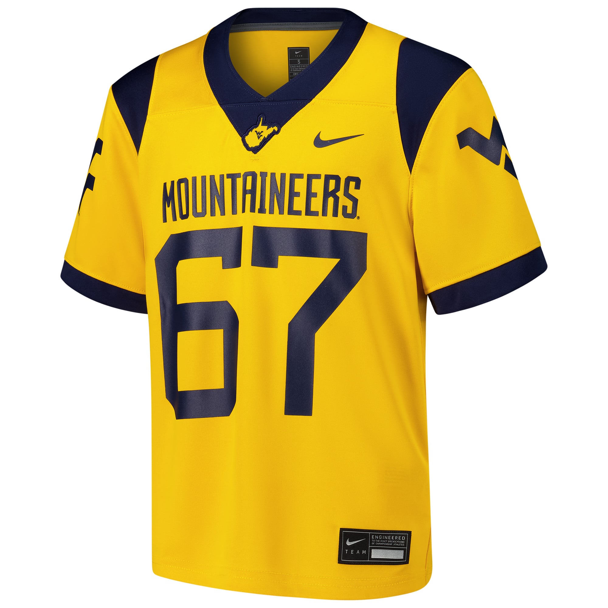 #67 West Virginia Mountaineers Youth Alternate Jersey Gold - front view