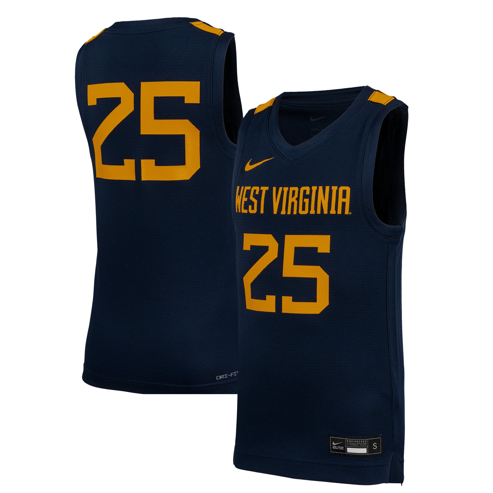 #25 West Virginia Mountaineers Youth Basketball Jersey Navy - front and back view