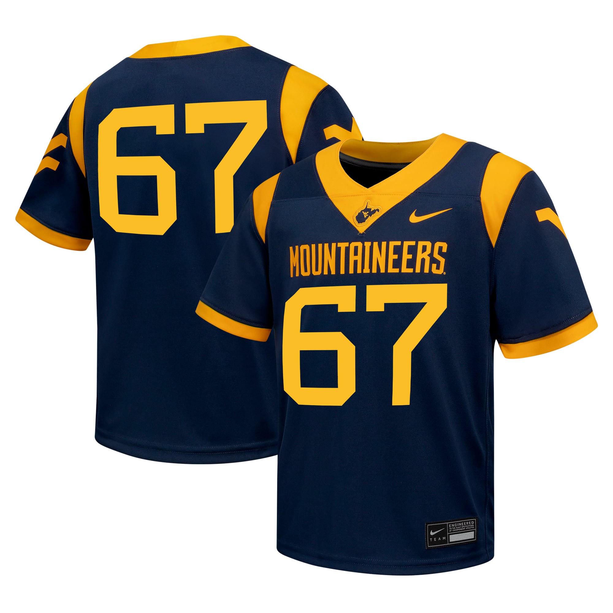 #67 West Virginia Mountaineers Youth Football Jersey Navy - front and back view