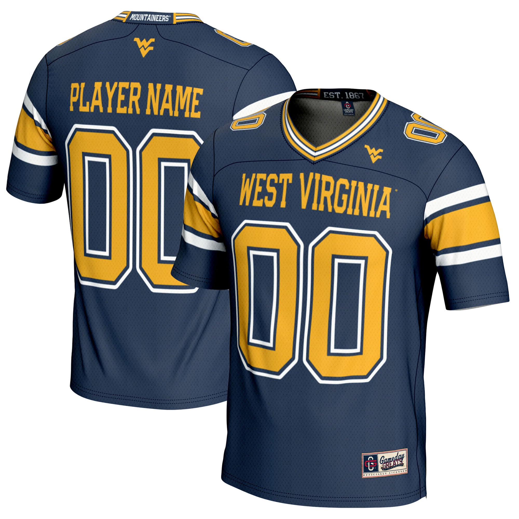 West Virginia Mountaineers Youth Football Jersey Navy - front and back view