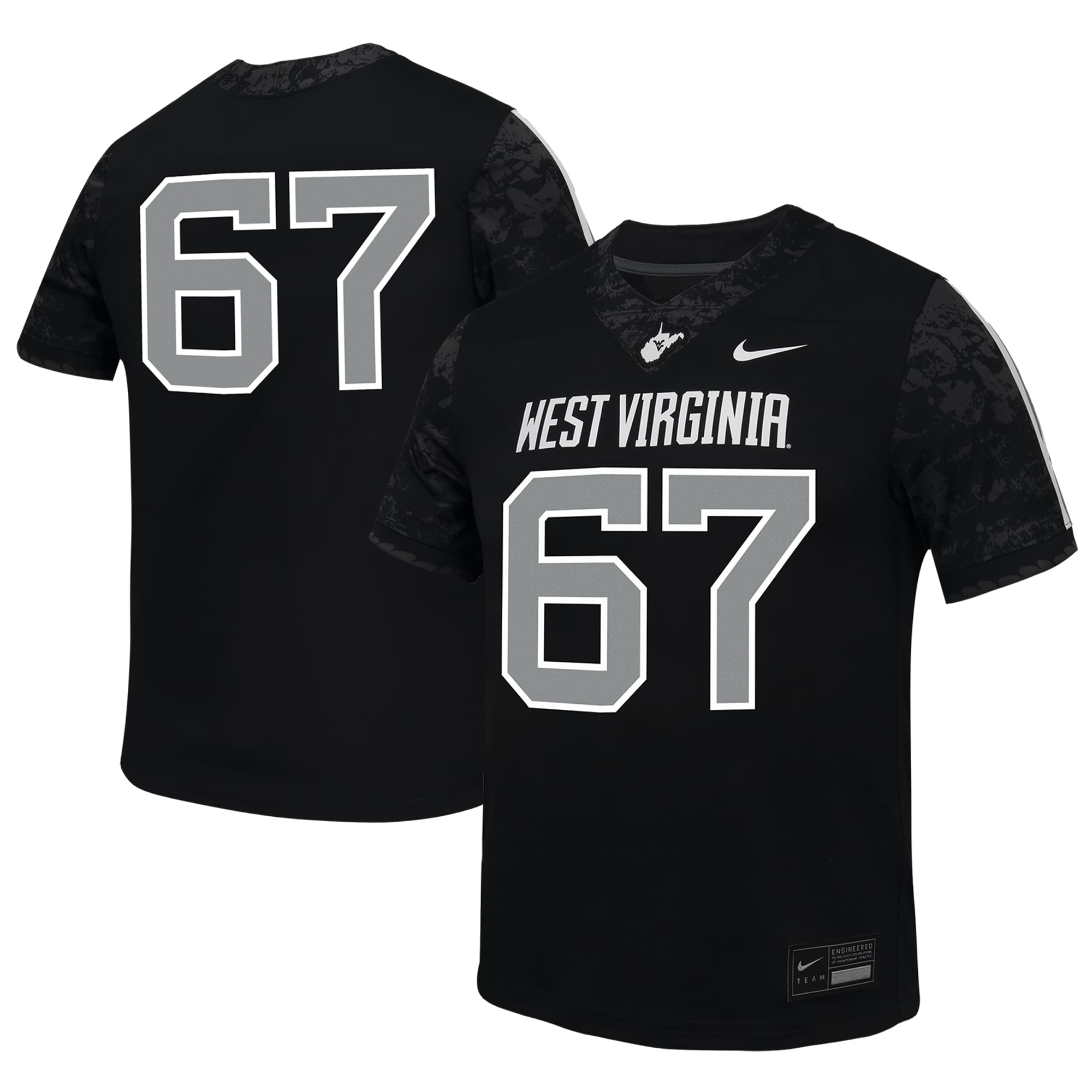 #67 West Virginia Mountaineers Youth Jersey Black - front and back view