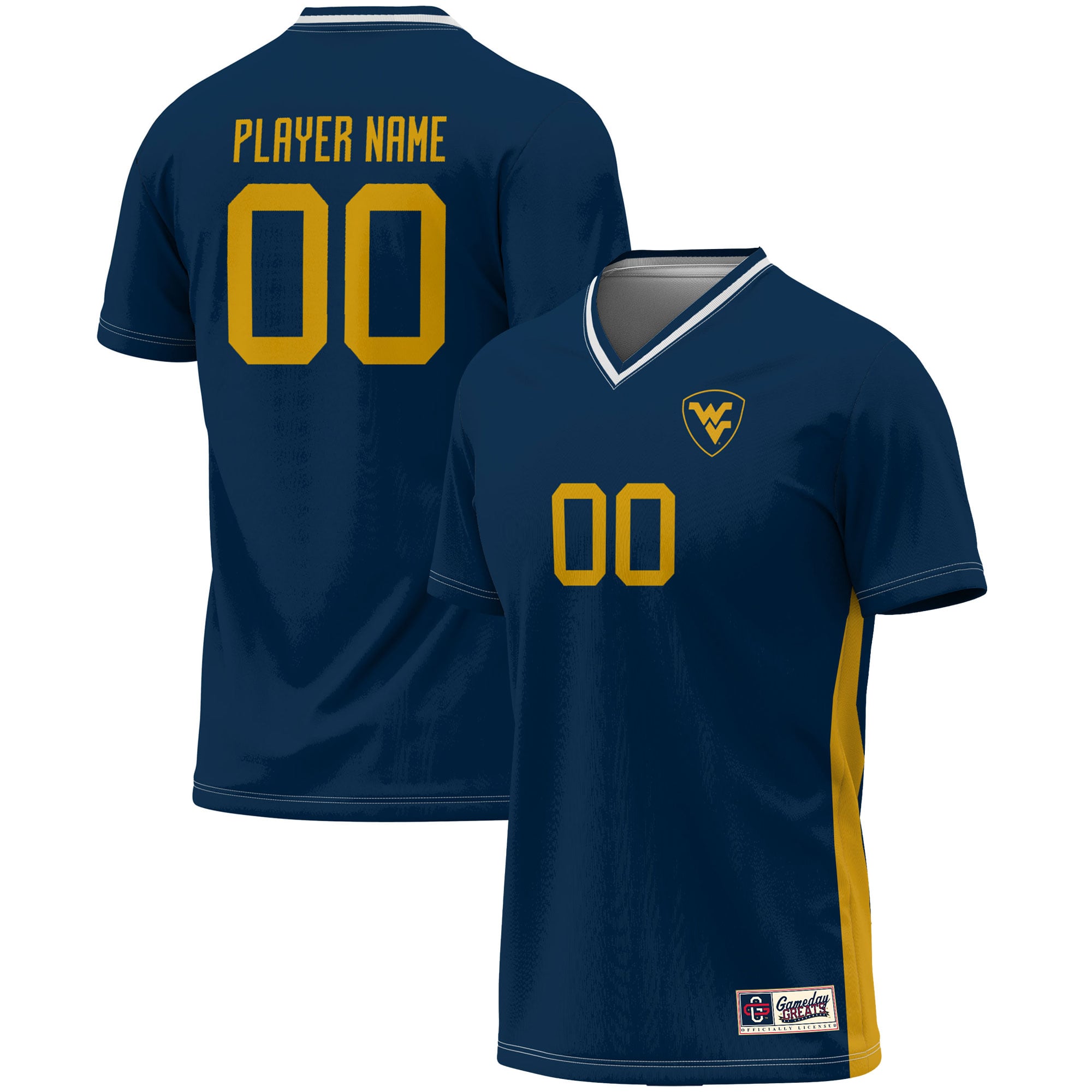 West Virginia Mountaineers Youth Lightweight Soccer Jersey Navy - front and back view