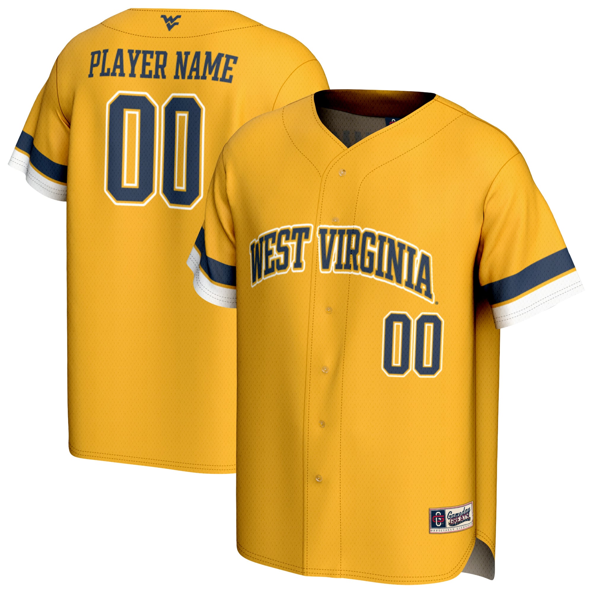 West Virginia Mountaineers Youth Personalized Collegiate Baseball Fashion - front and back view