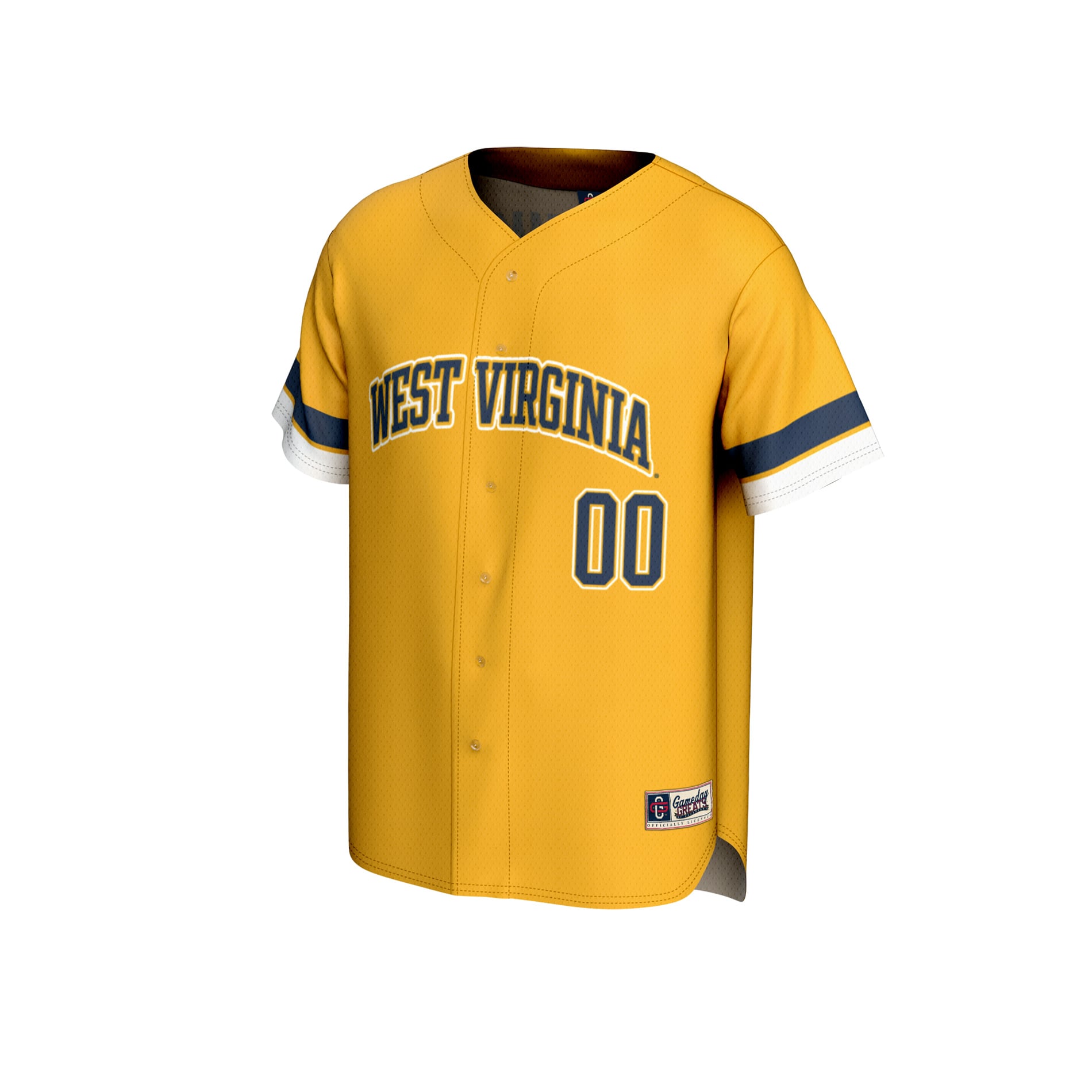 West Virginia Mountaineers Youth Personalized Collegiate Baseball Fashion Jersey Gold - front view